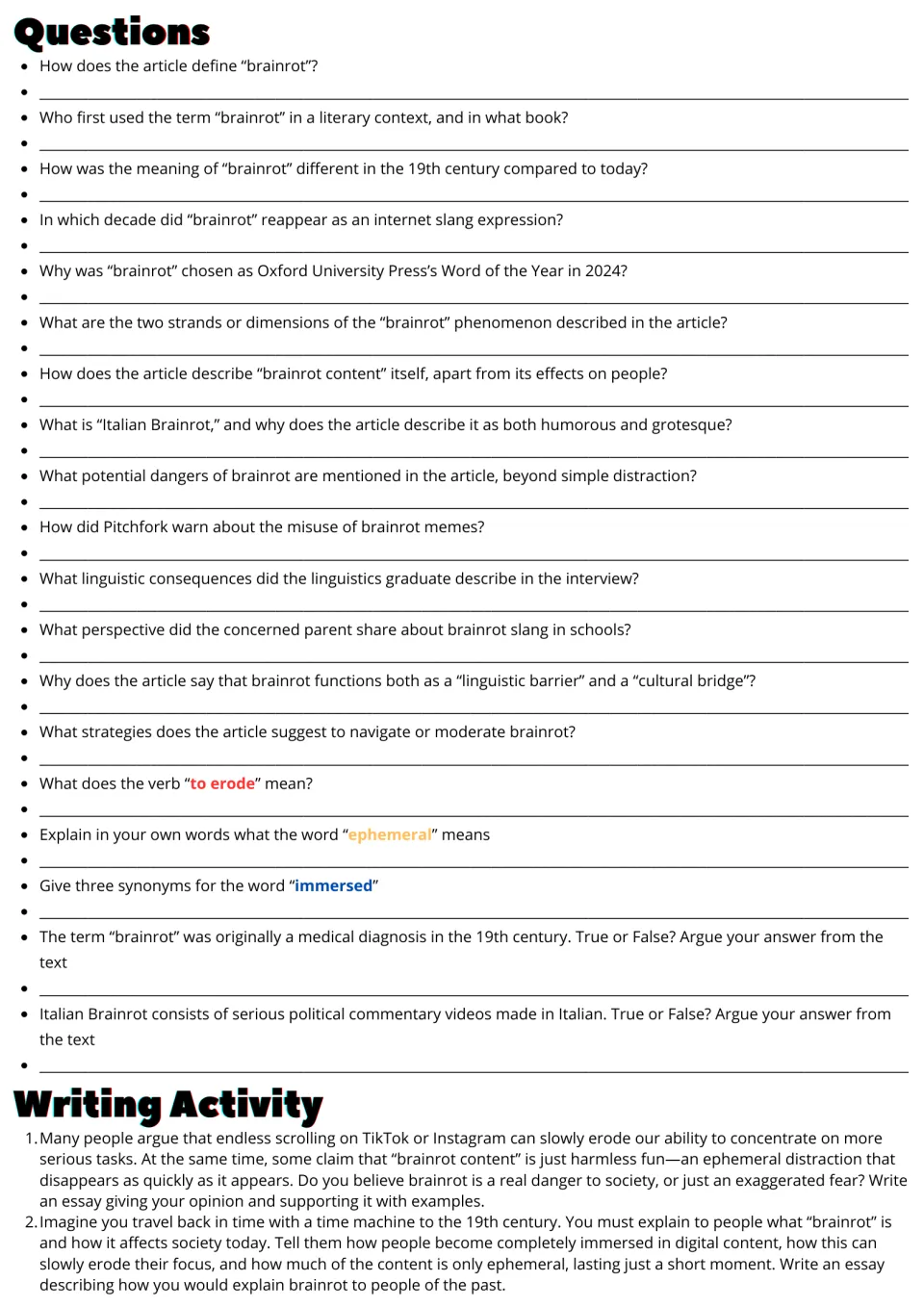 Brainrot questions: students answer 19 comprehension, vocabulary and true/false items, then two essay prompts