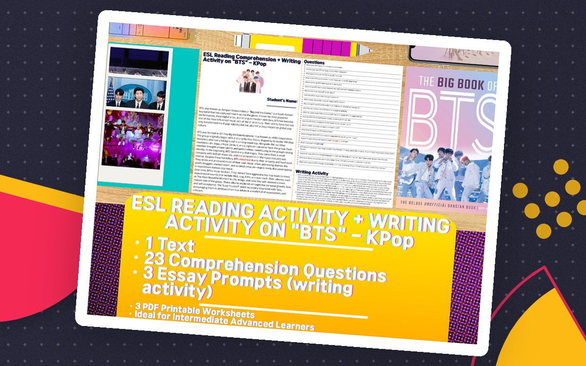 ESL Reading Comprehension + Writing Activity Worksheets - BTS - KPop teaching resource preview
