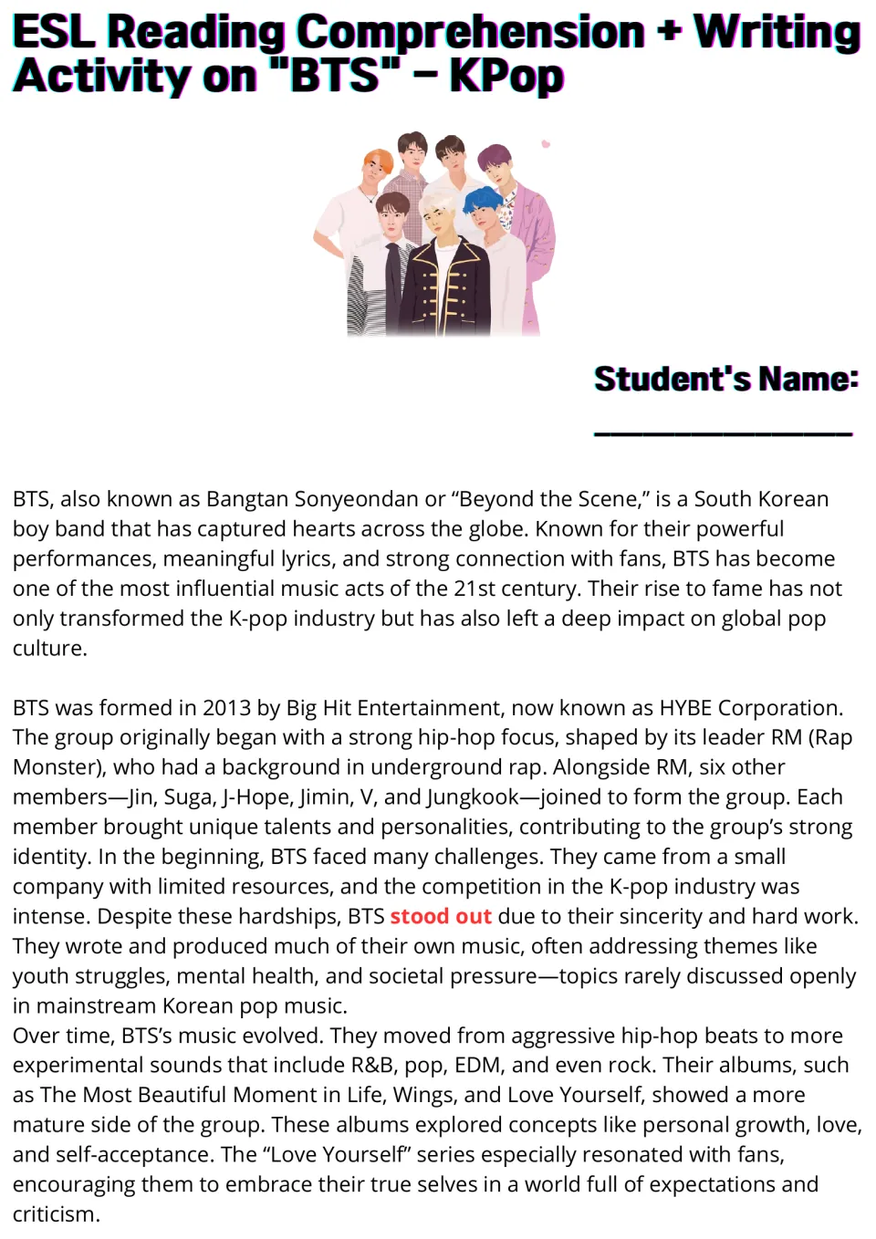 BTS passage, part 1: students read about the band's 2013 formation, seven members, early struggles and musical growth