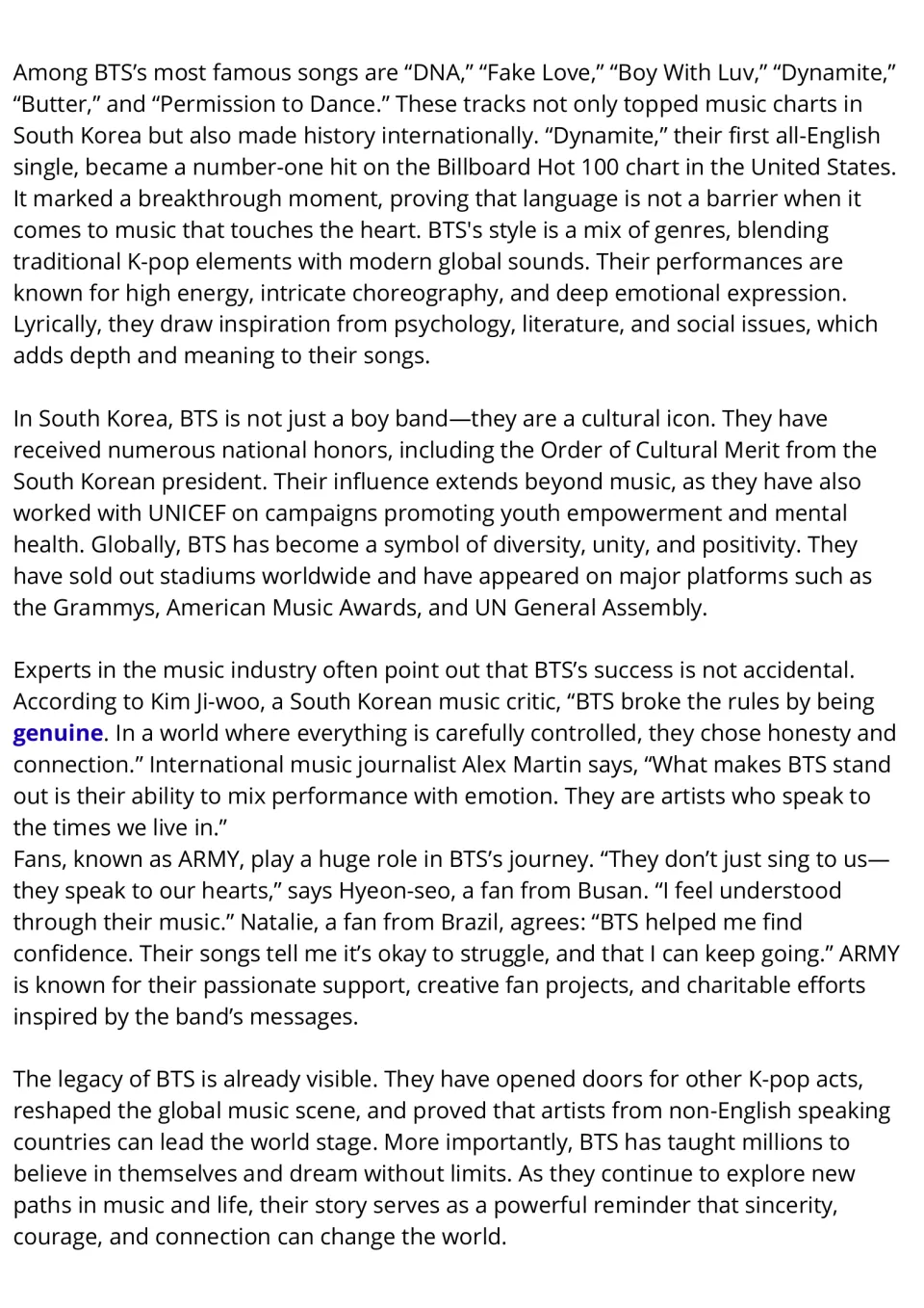 BTS passage, part 2: students read about hit songs, national honors, expert quotes, ARMY fans and the band's legacy