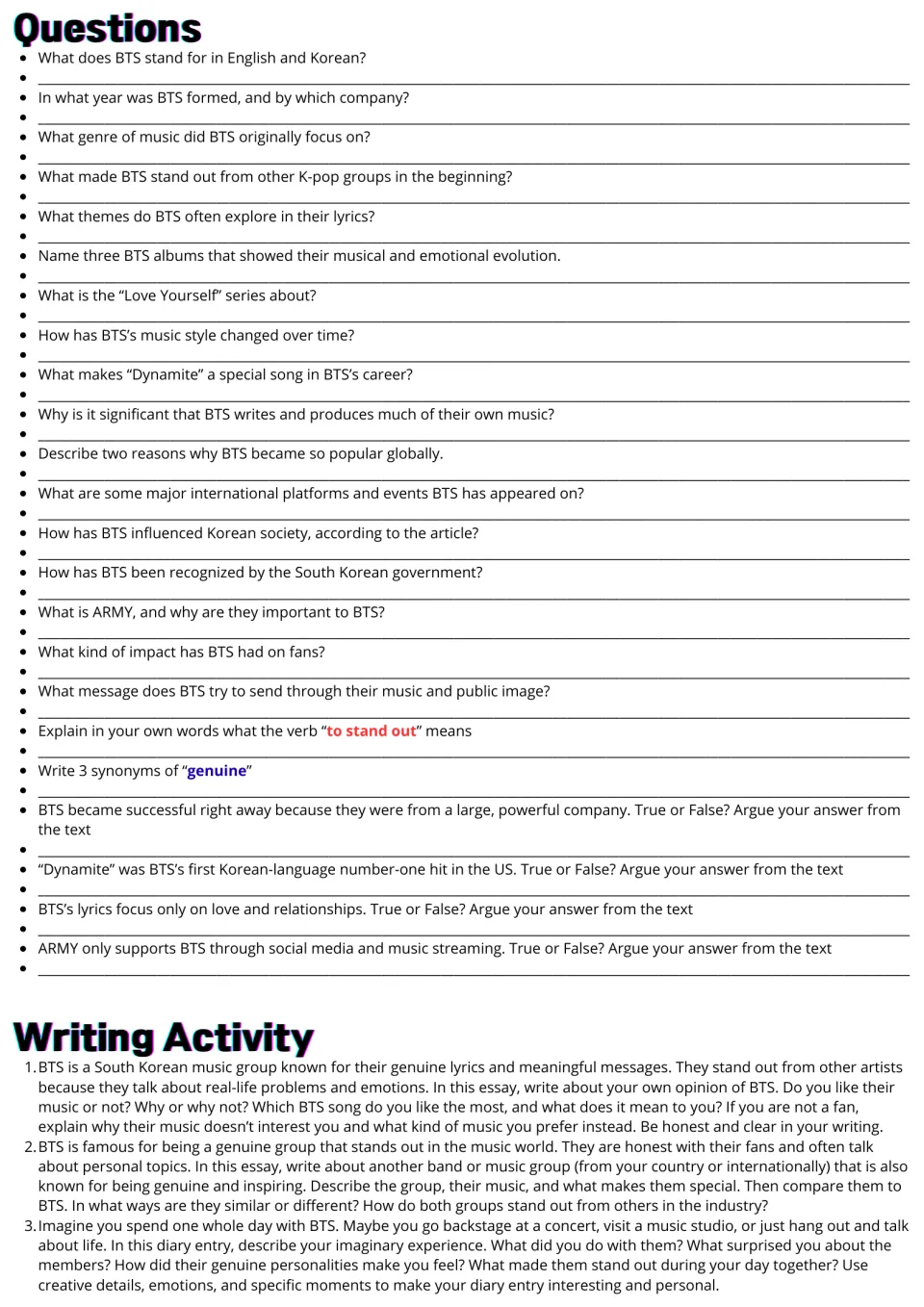 BTS questions: students answer 23 comprehension, vocabulary and true-or-false items, then pick one of 3 writing prompts