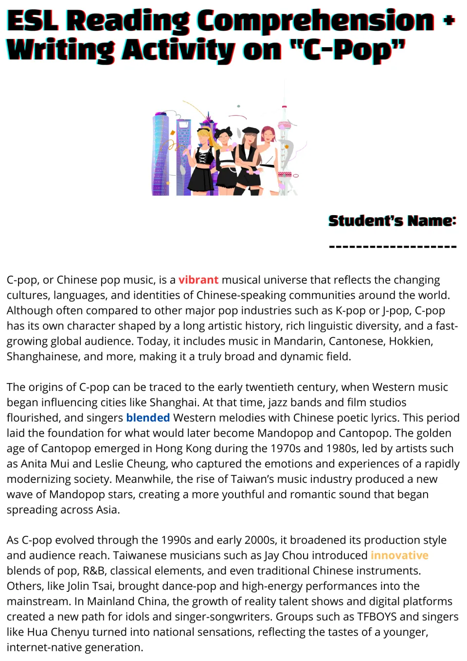 C-Pop reading passage, part 1: history of Chinese pop from early Shanghai jazz to Cantopop, Mandopop, Jay Chou and TFBOYS