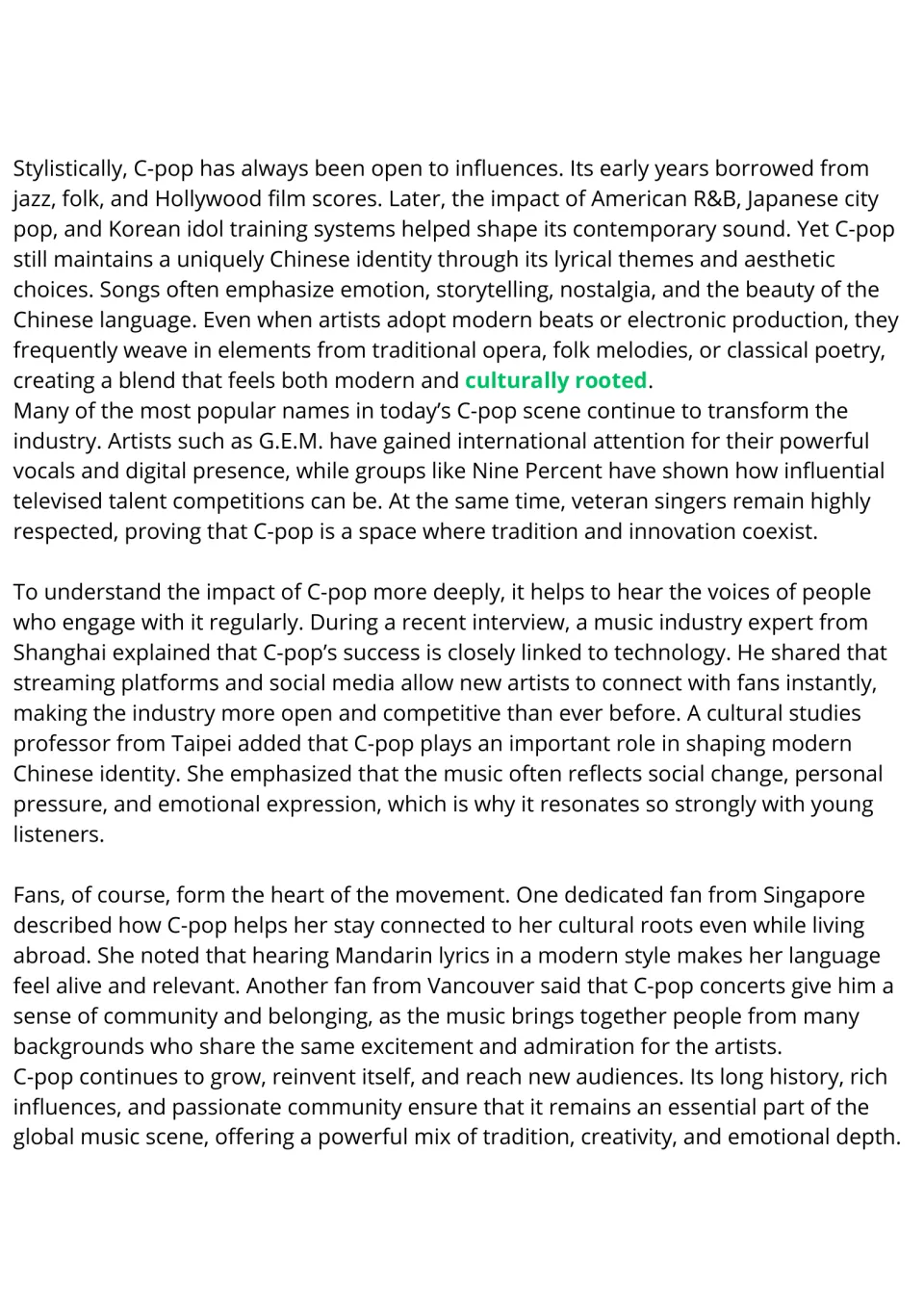 C-Pop reading passage, part 2: musical influences, artists like G.E.M., and views from an expert, a professor and two fans