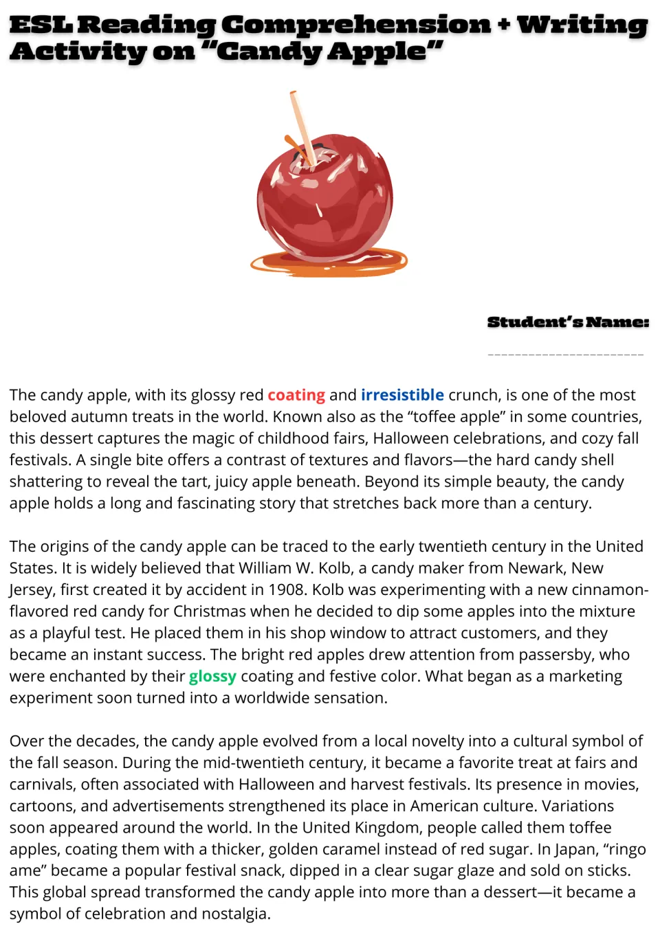 Candy apple reading passage, part 1: William W. Kolb's 1908 invention, fall traditions, and global variations
