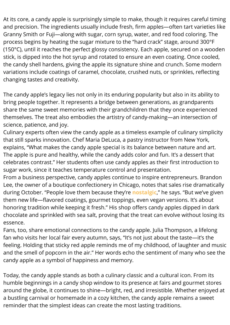 Candy apple reading passage, part 2: ingredients, preparation, cultural meaning, and personal memories