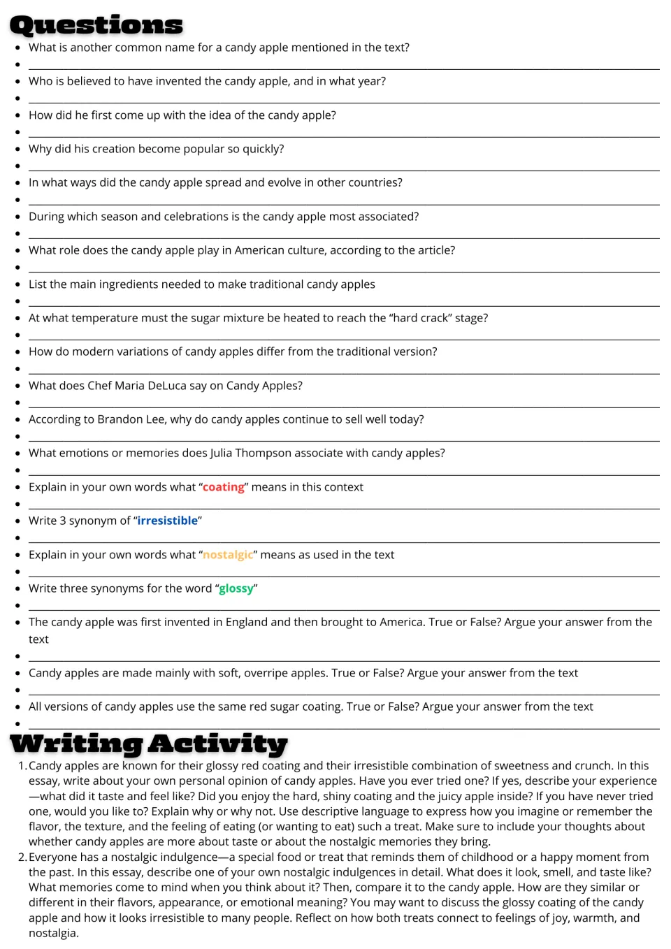 Candy apple follow-up: 20 comprehension and vocabulary questions plus two essays on taste and nostalgia