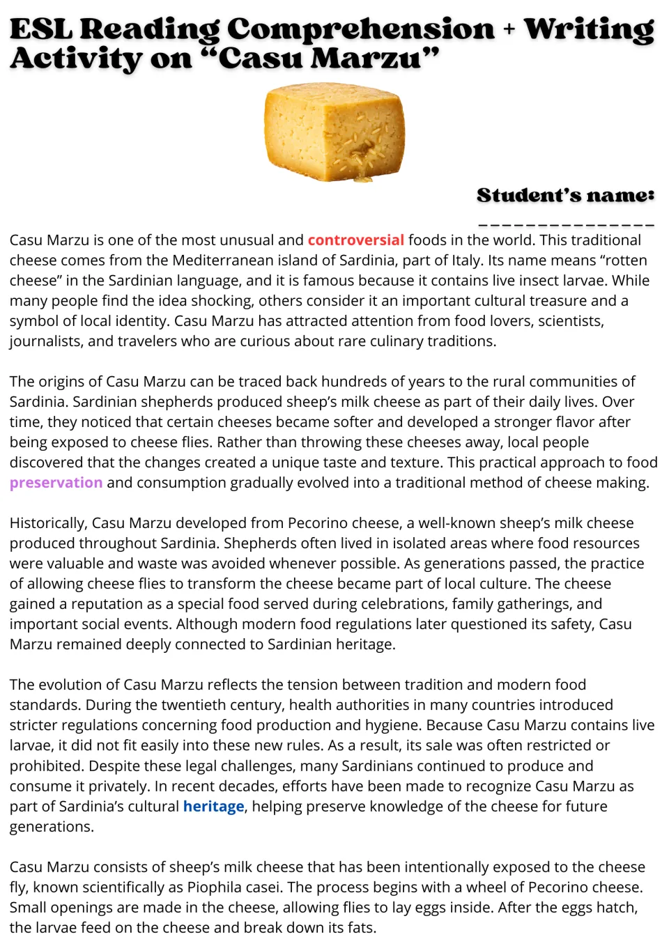 Casu Marzu reading passage, part 1: origins of Sardinia's larvae cheese, with vocabulary words in color and a name line