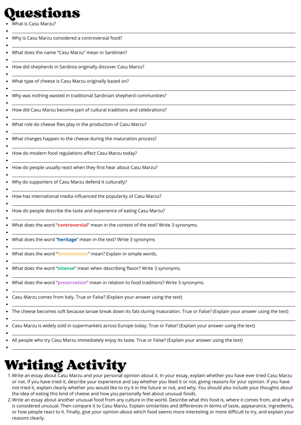 Casu Marzu questions: 23 comprehension, synonym and true-or-false items, plus two opinion and comparison essays