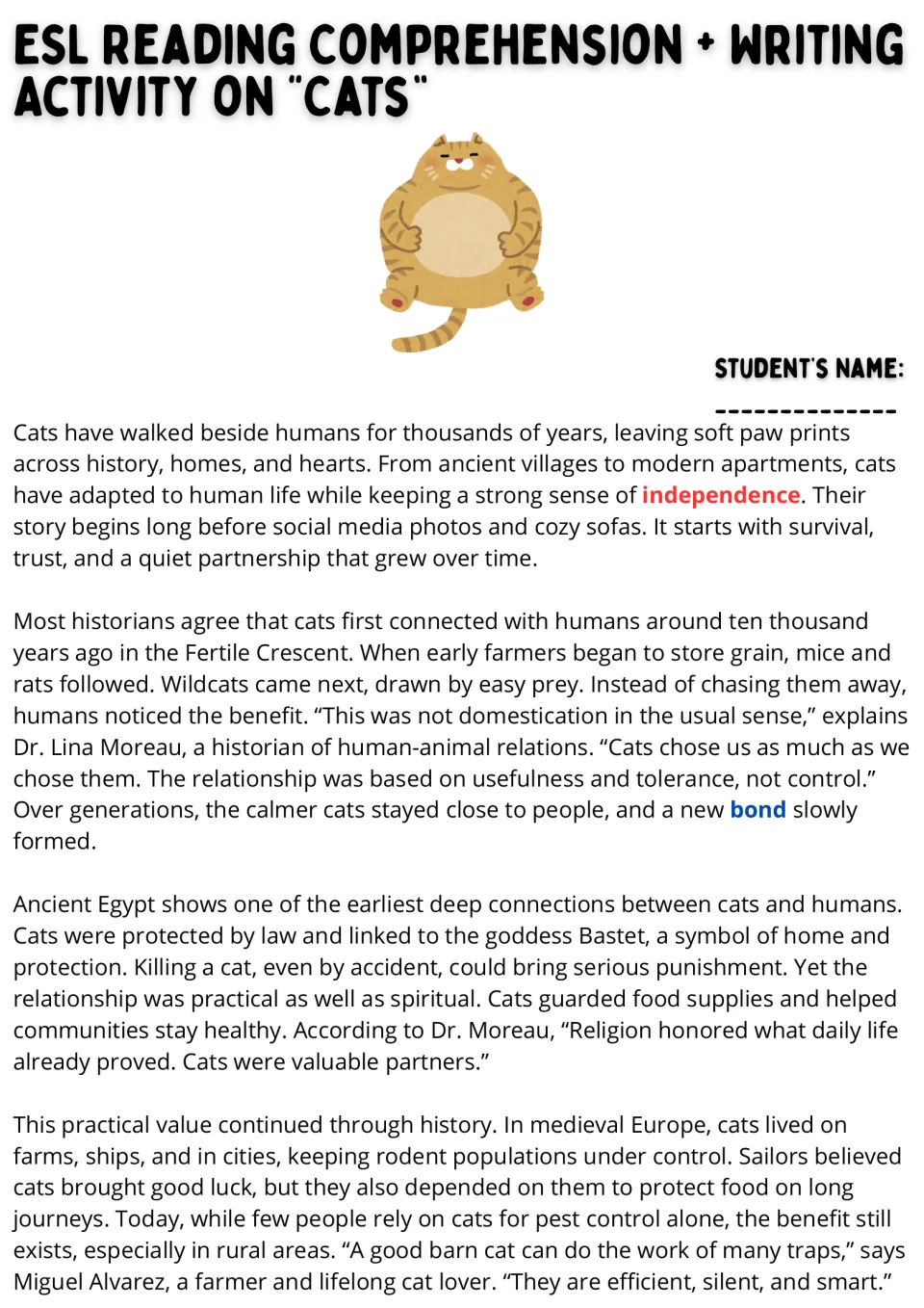 Reading passage, part 1: cats' early ties to humans, ancient Egypt, and pest control on farms and ships.