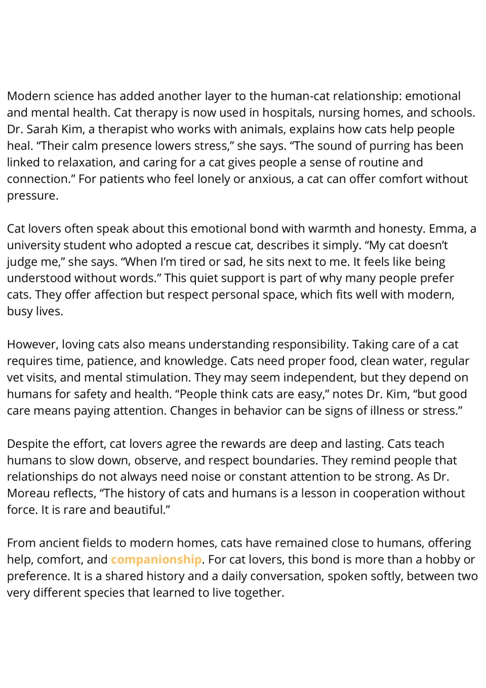 Reading passage, part 2: cat therapy, emotional support, responsible cat care, and human-cat companionship.