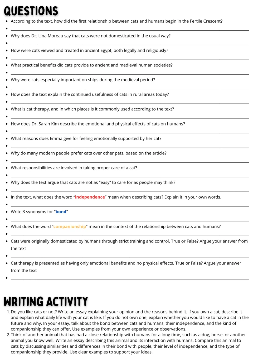 Practice page: 17 comprehension and vocabulary questions about cats, followed by two essay writing prompts.