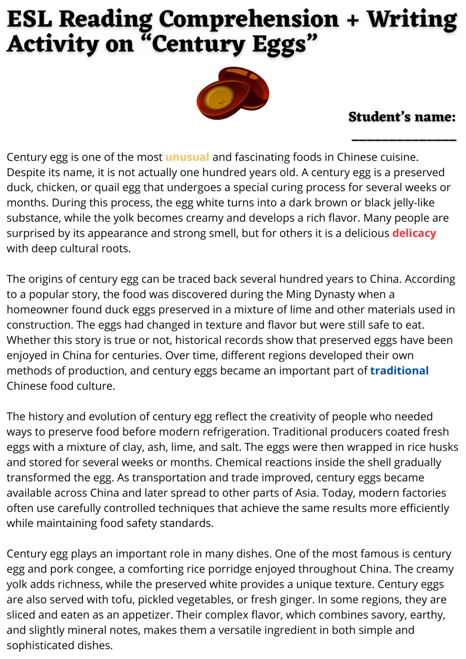 Century eggs reading passage, part 1: students read about the egg's curing, Ming Dynasty origins and use in pork congee