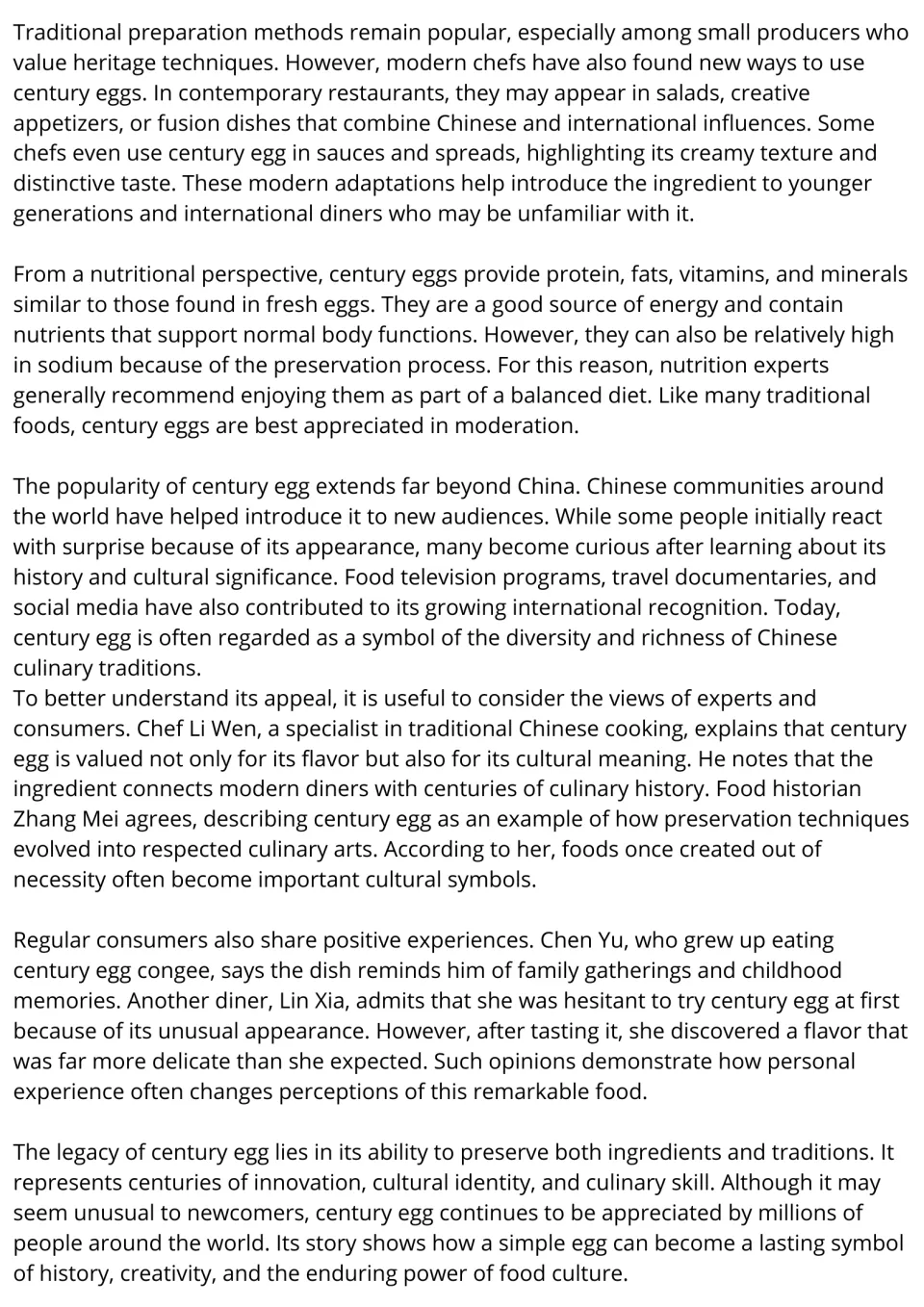 Century eggs reading passage, part 2: modern chef uses, nutrition, global popularity and quotes from experts and diners