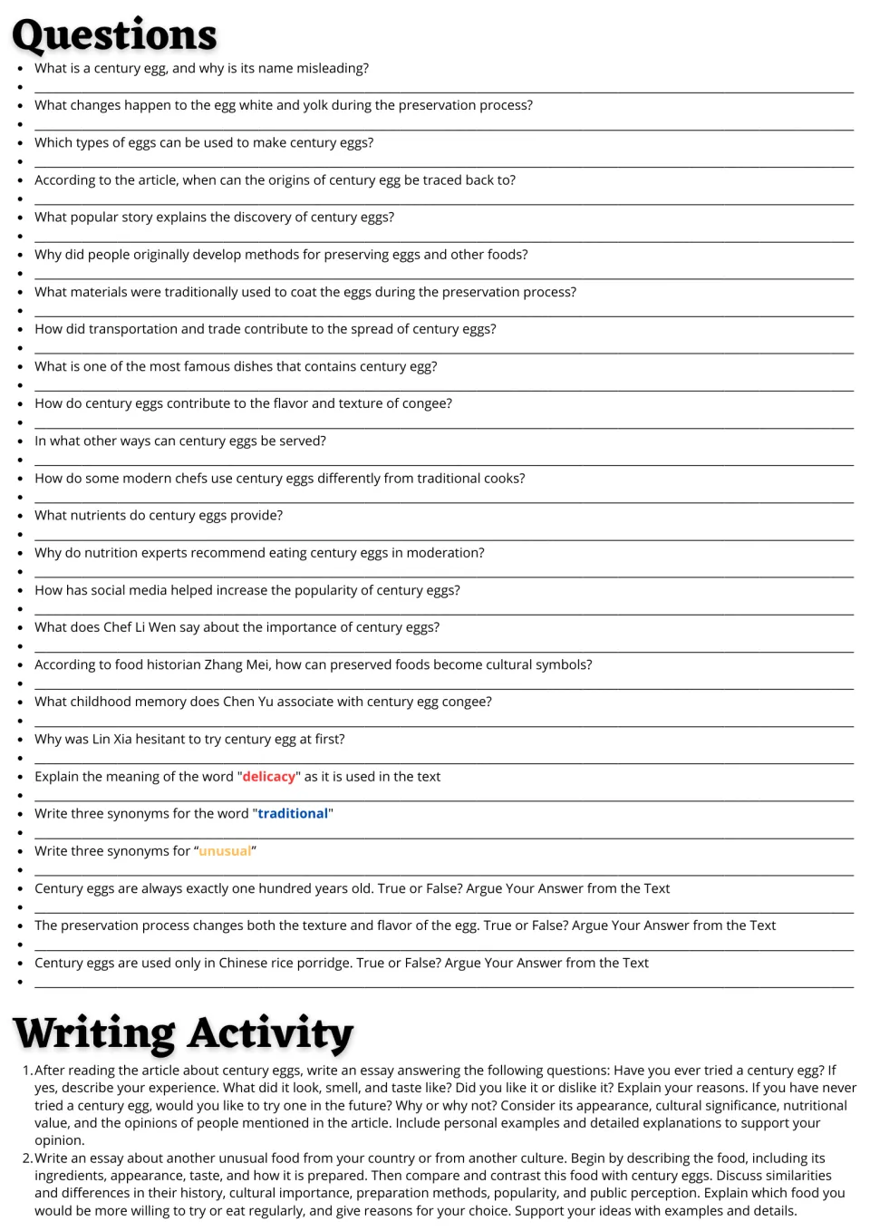 Century eggs questions: 25 comprehension, synonym and true-or-false items, then two essay prompts on unusual foods