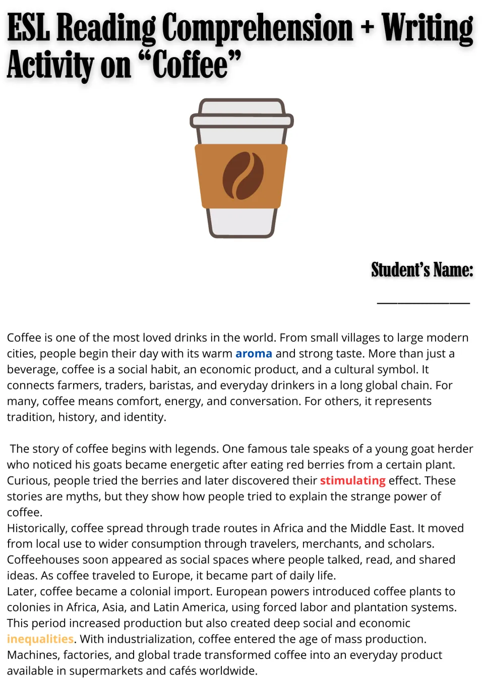 ESL reading and writing activity on coffee: title with a coffee cup, name line and the first reading passages