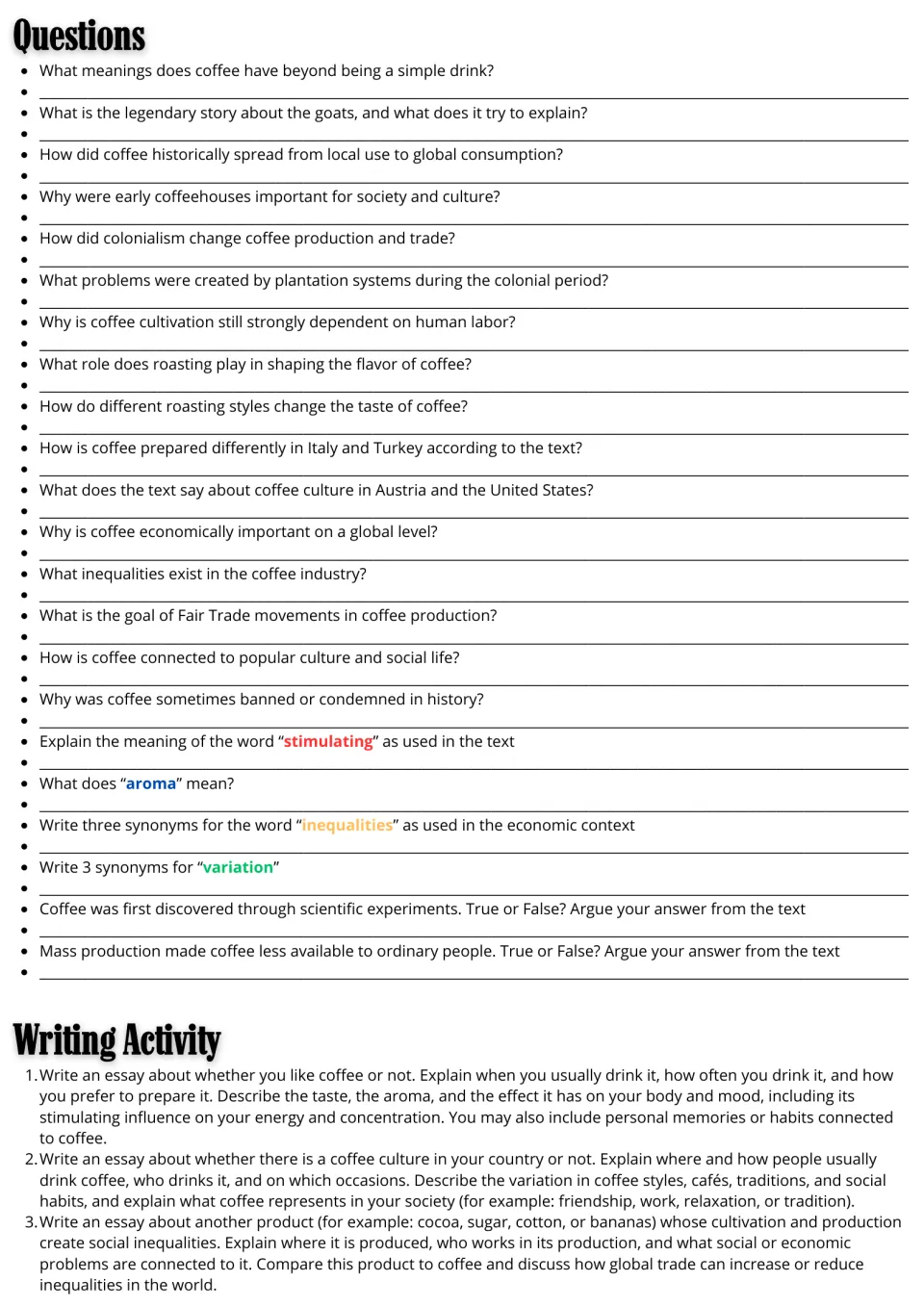 Coffee comprehension questions and essay prompts: students write answers, define vocabulary and pick an essay topic