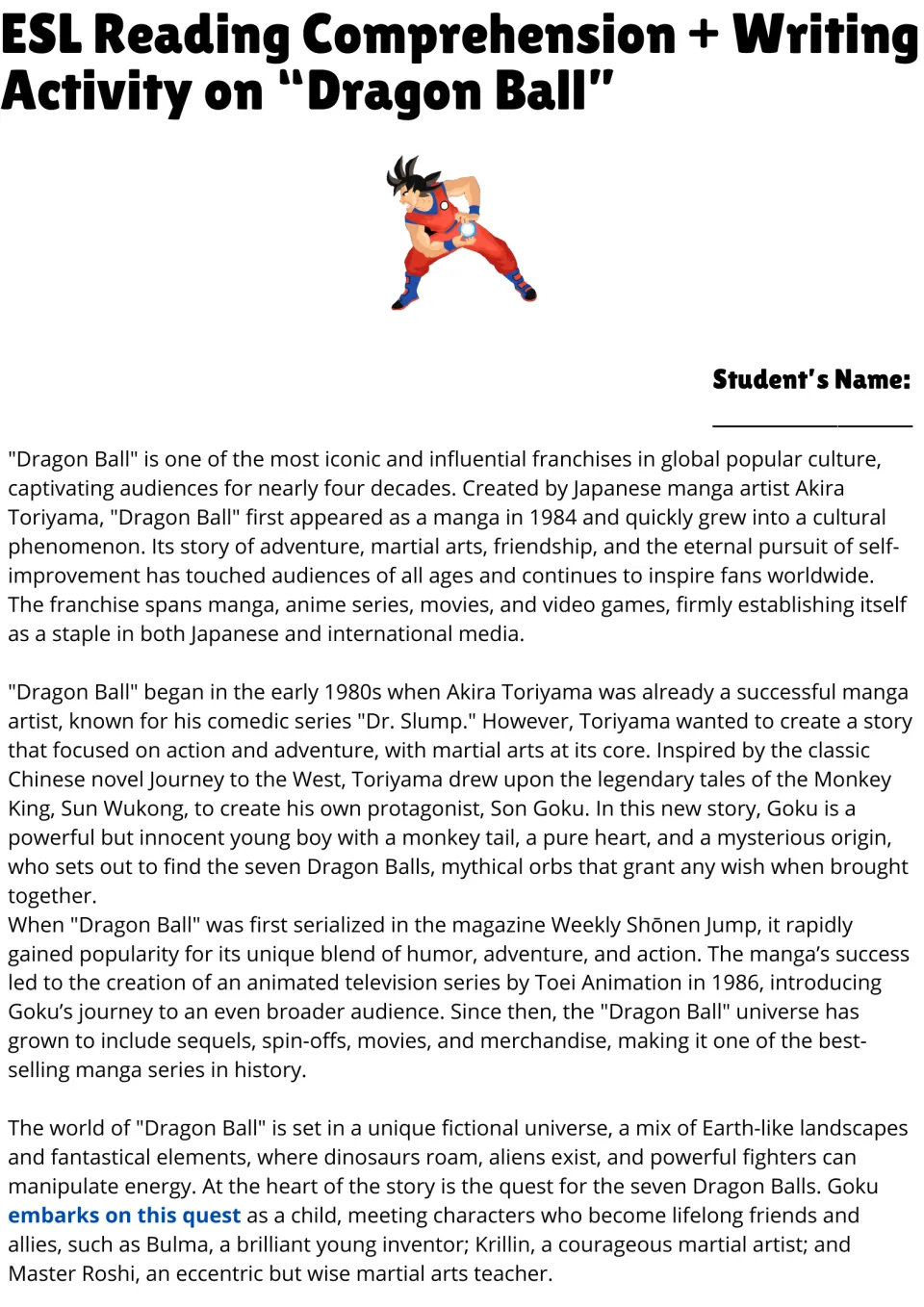 Dragon Ball reading passage, part 1: students read about Akira Toriyama, Goku, the Dragon Balls quest and early allies