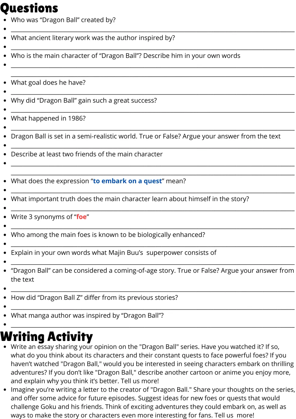 Dragon Ball questions: students answer 16 comprehension and vocabulary items, then write an opinion essay and a letter