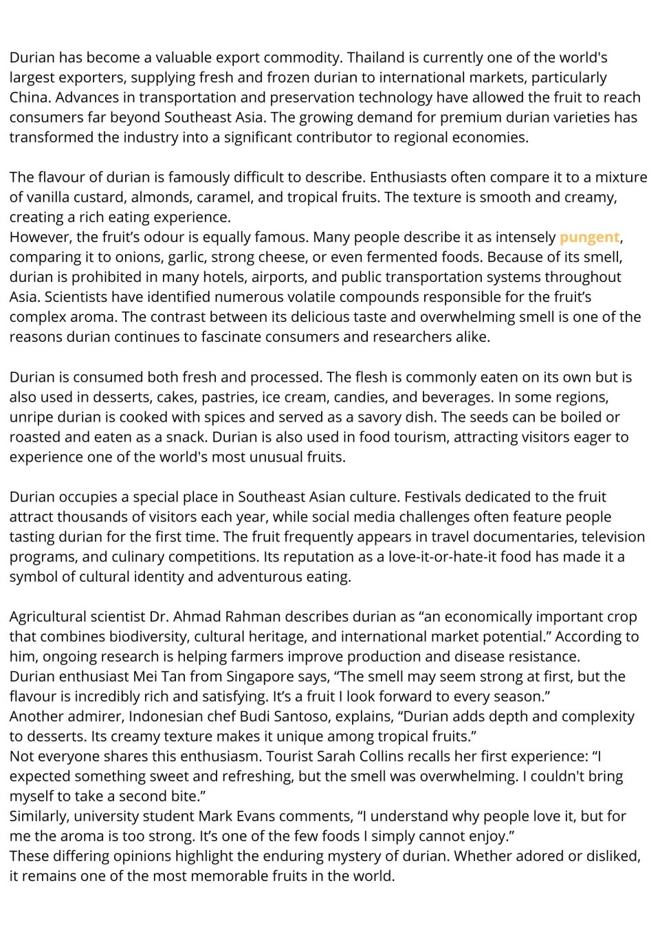 ESL reading passage, part 2: durian exports, taste, strong smell, food uses, cultural role, and opinions.