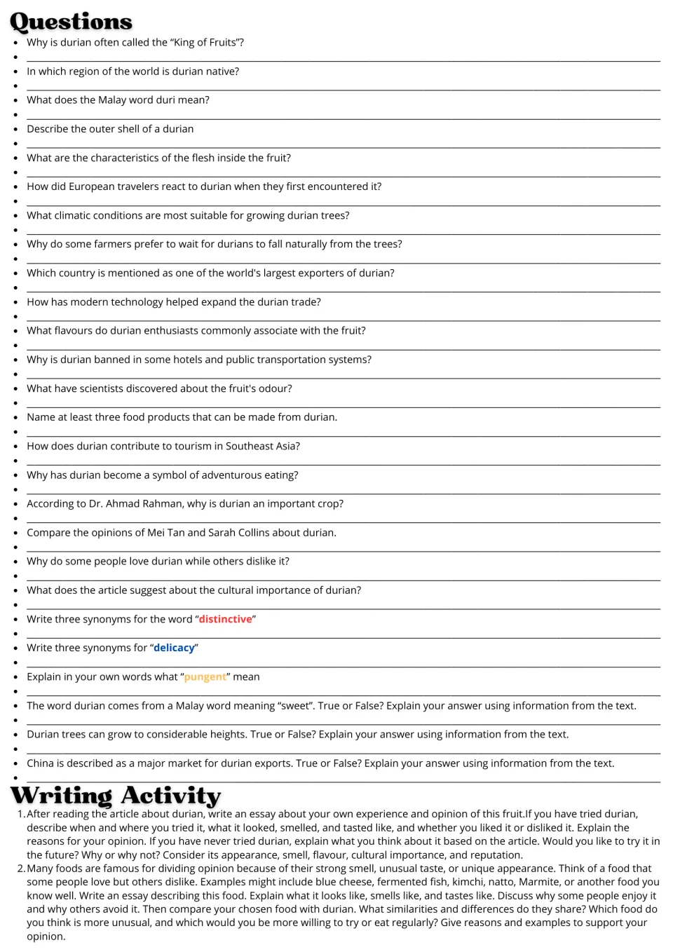 Durian follow-up: 26 comprehension and vocabulary questions plus two essays on opinions and food comparisons.