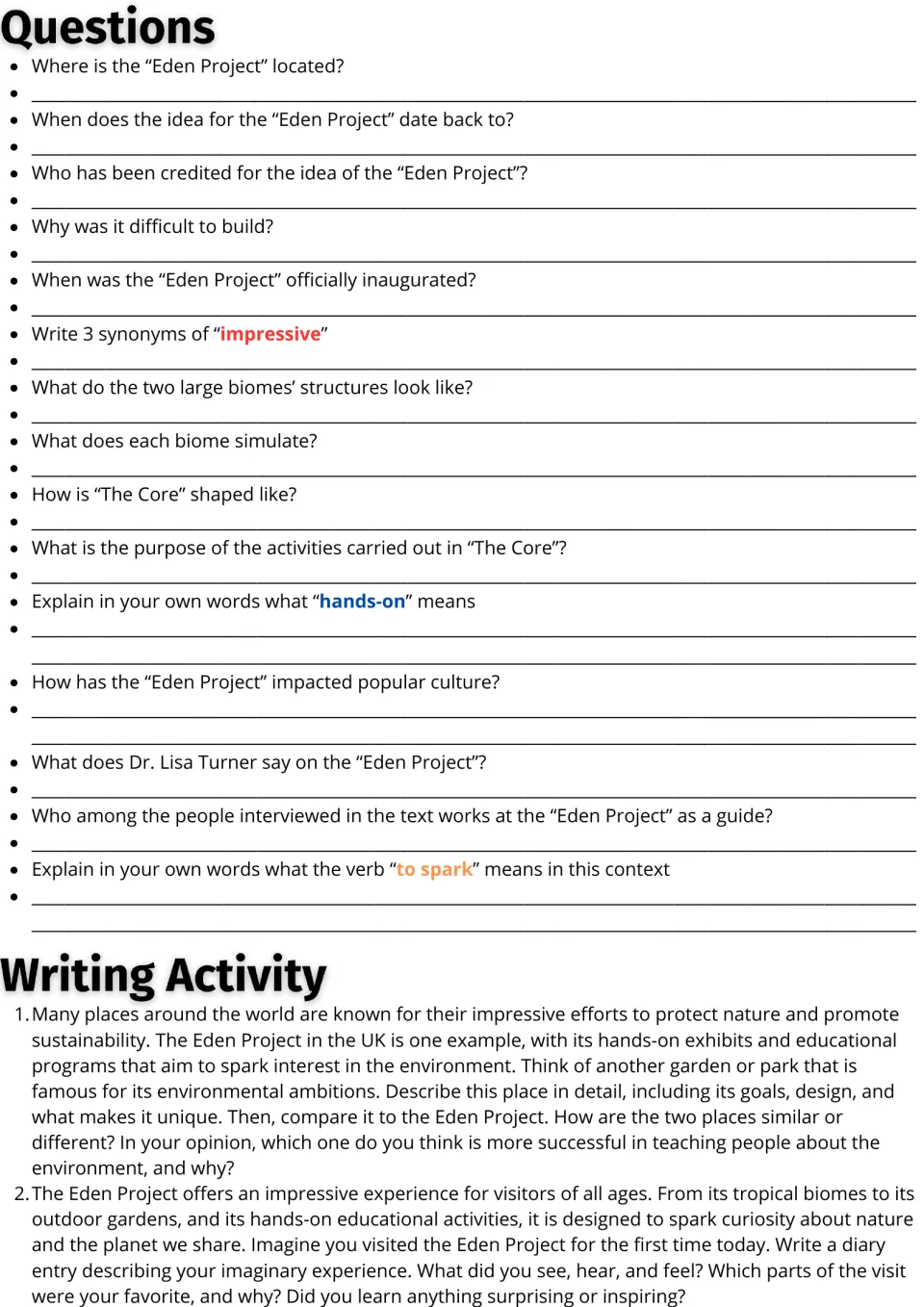15 reading and vocabulary questions plus two writing prompts: compare an environmental park and write a diary.