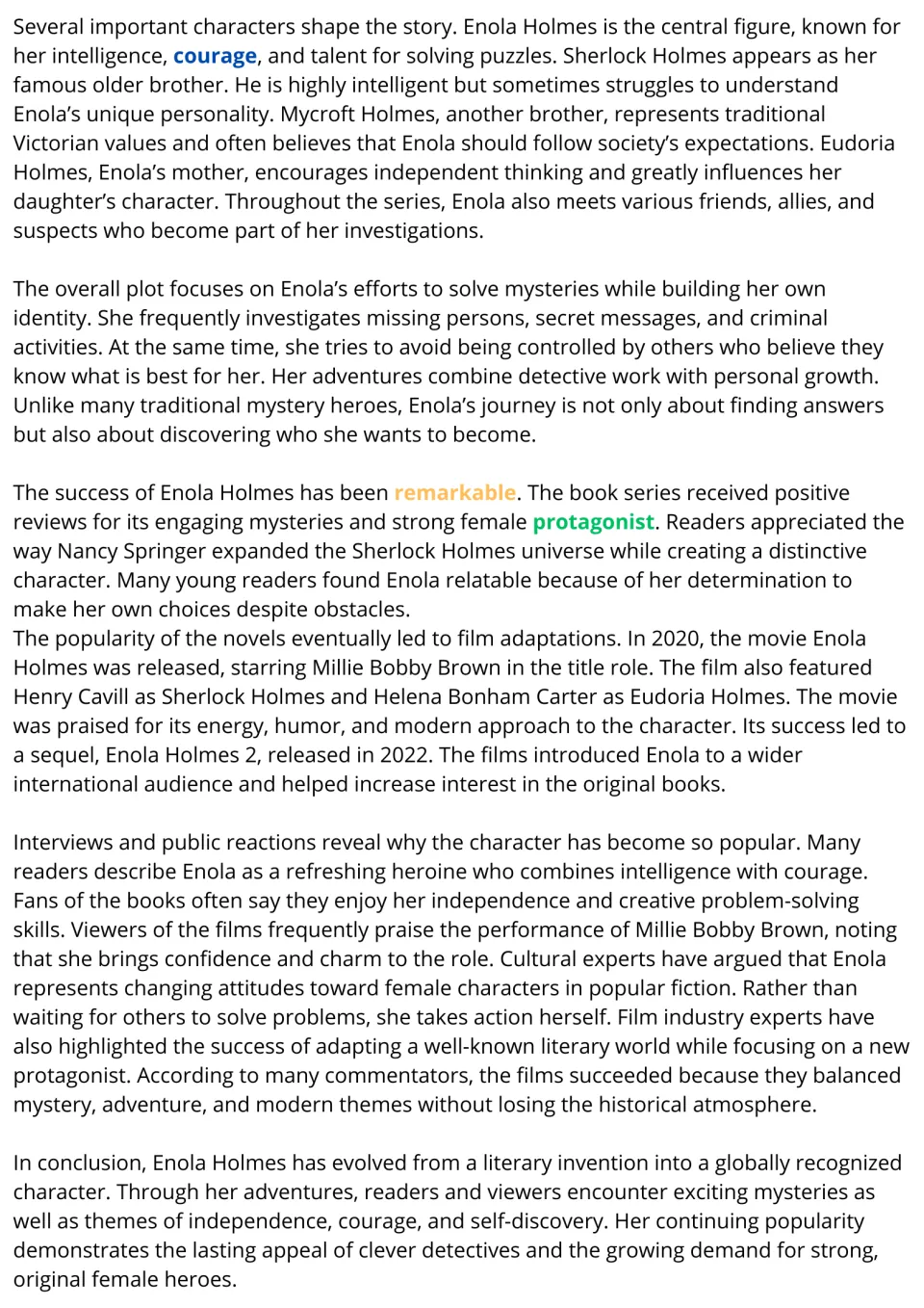 Reading passage continuation: Enola Holmes's characters, plot, book success, film adaptations, and themes.