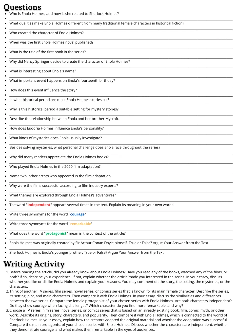Enola Holmes questions cover comprehension, vocabulary, and true-or-false claims, followed by three essay prompts.