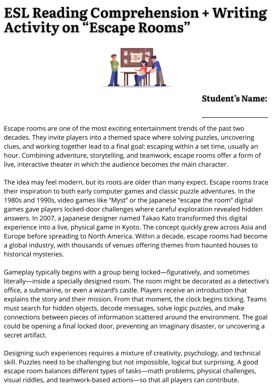 Opening ESL reading passage on escape rooms: their origins, themed settings, gameplay, and puzzle design.