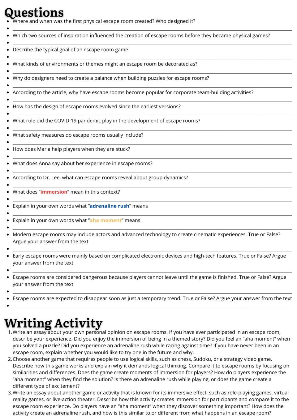 Escape room follow-up: 19 comprehension questions and three essay prompts on experiences and comparing games.