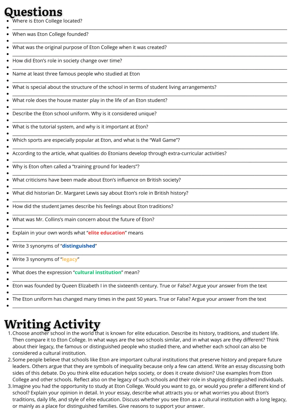 Eton College follow-up: 22 comprehension and vocabulary questions plus three extended writing prompts.