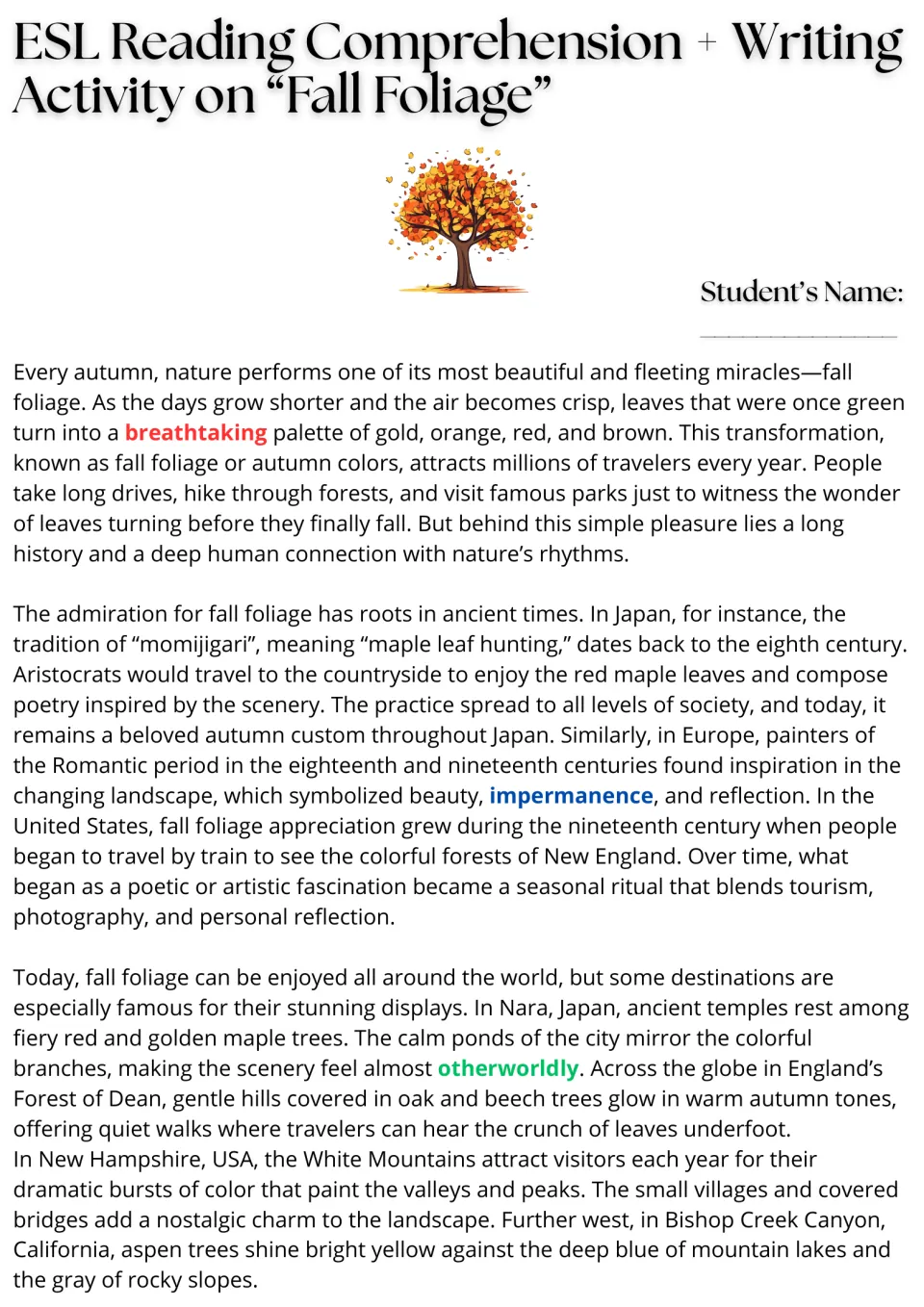 Opening ESL reading passage on fall foliage, its history in Japan, Europe, and the U.S., and destinations.