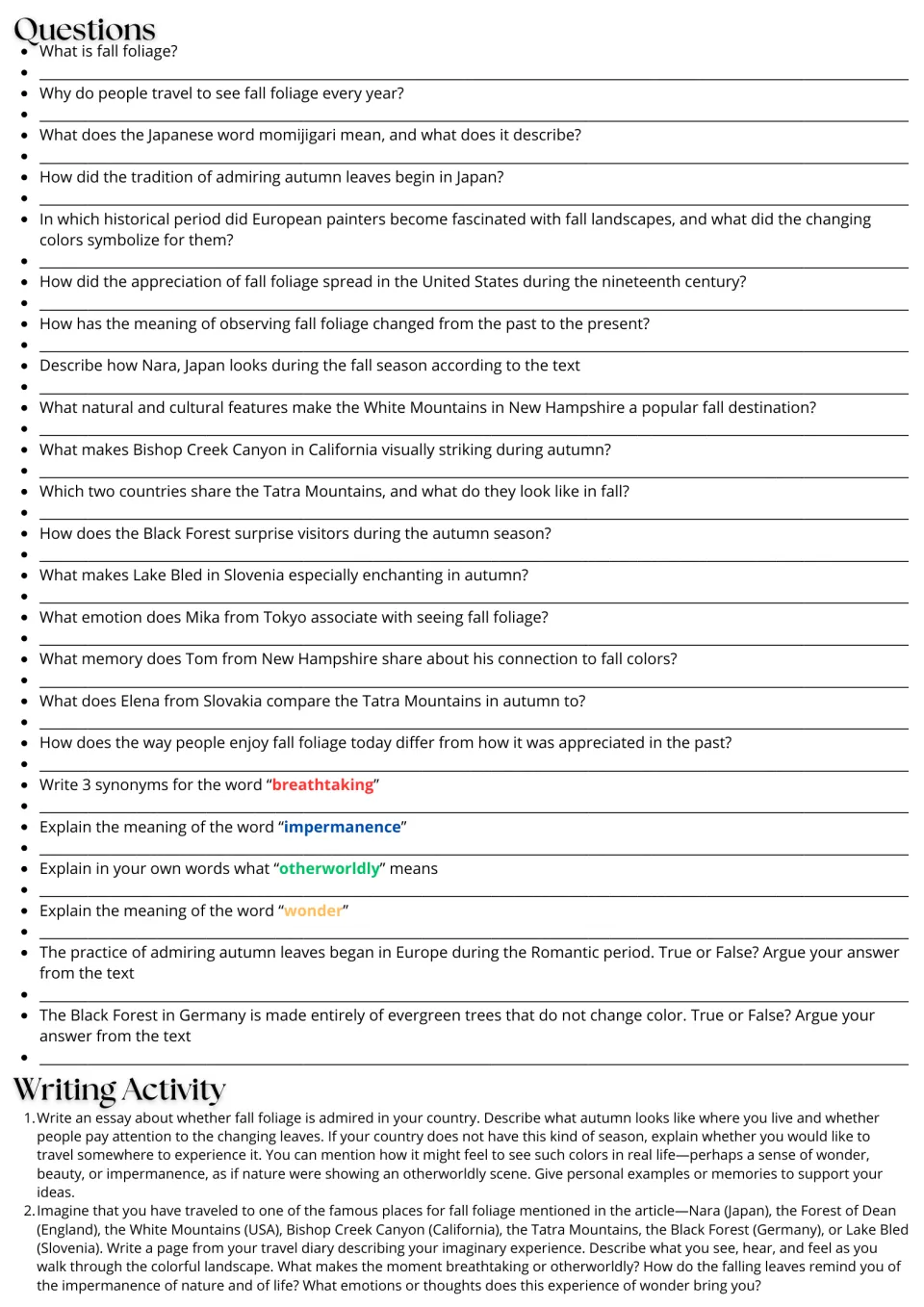 Fall foliage follow-up: 23 comprehension and vocabulary questions, plus essay and travel diary writing prompts.