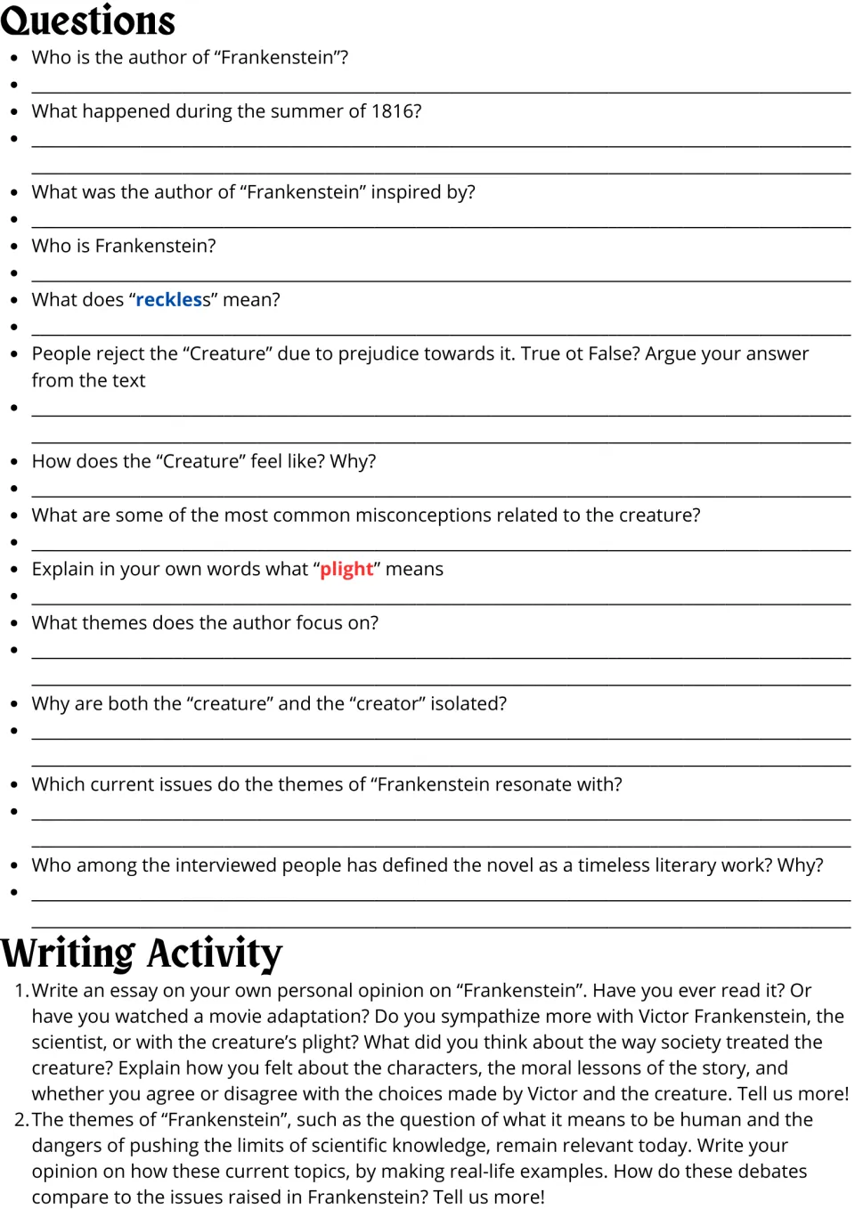 Frankenstein questions: 13 comprehension and vocabulary items, then two opinion essays on the creature and modern science