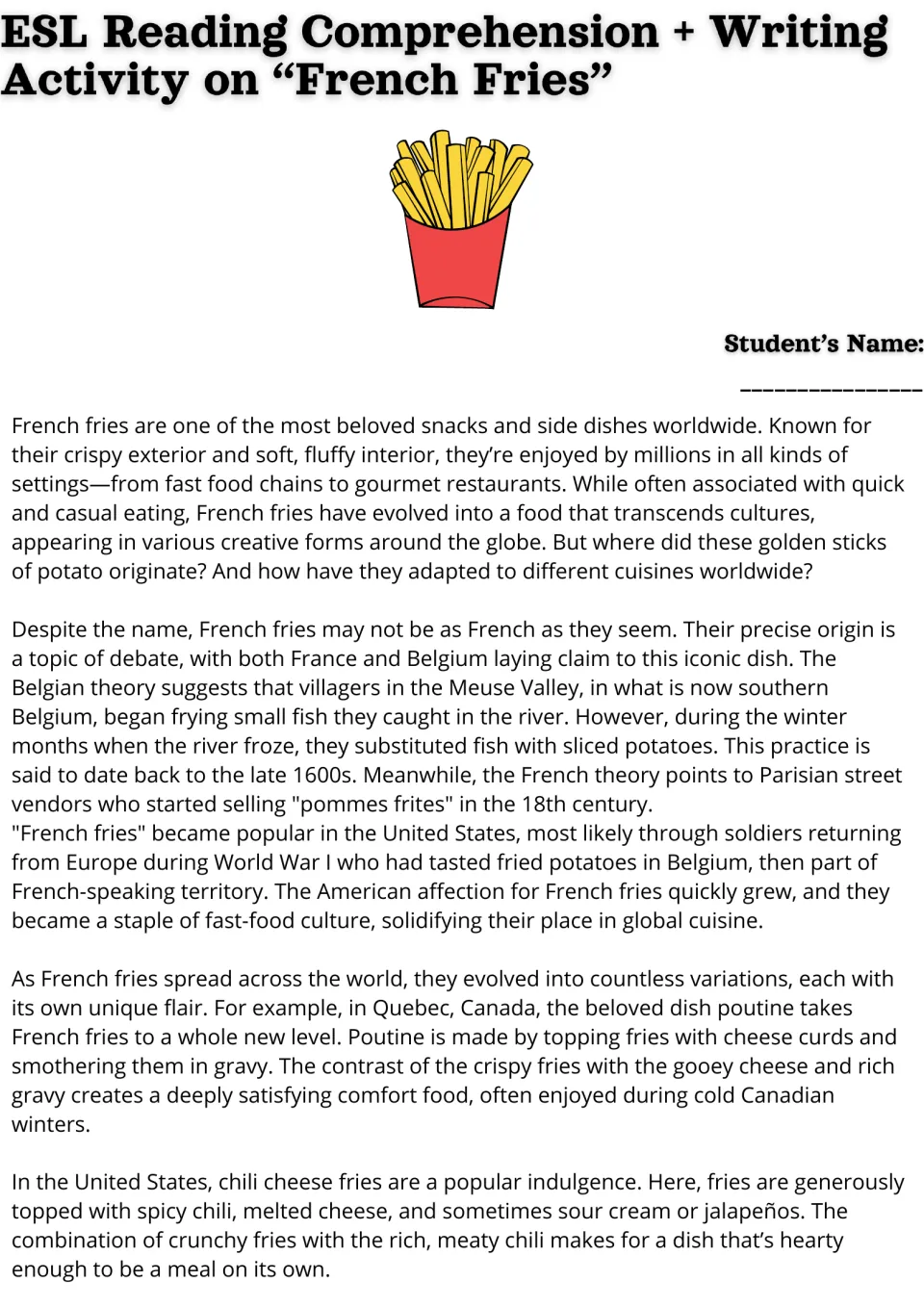 Opening ESL reading passage on French fries: disputed origins, poutine, and chili cheese fries.