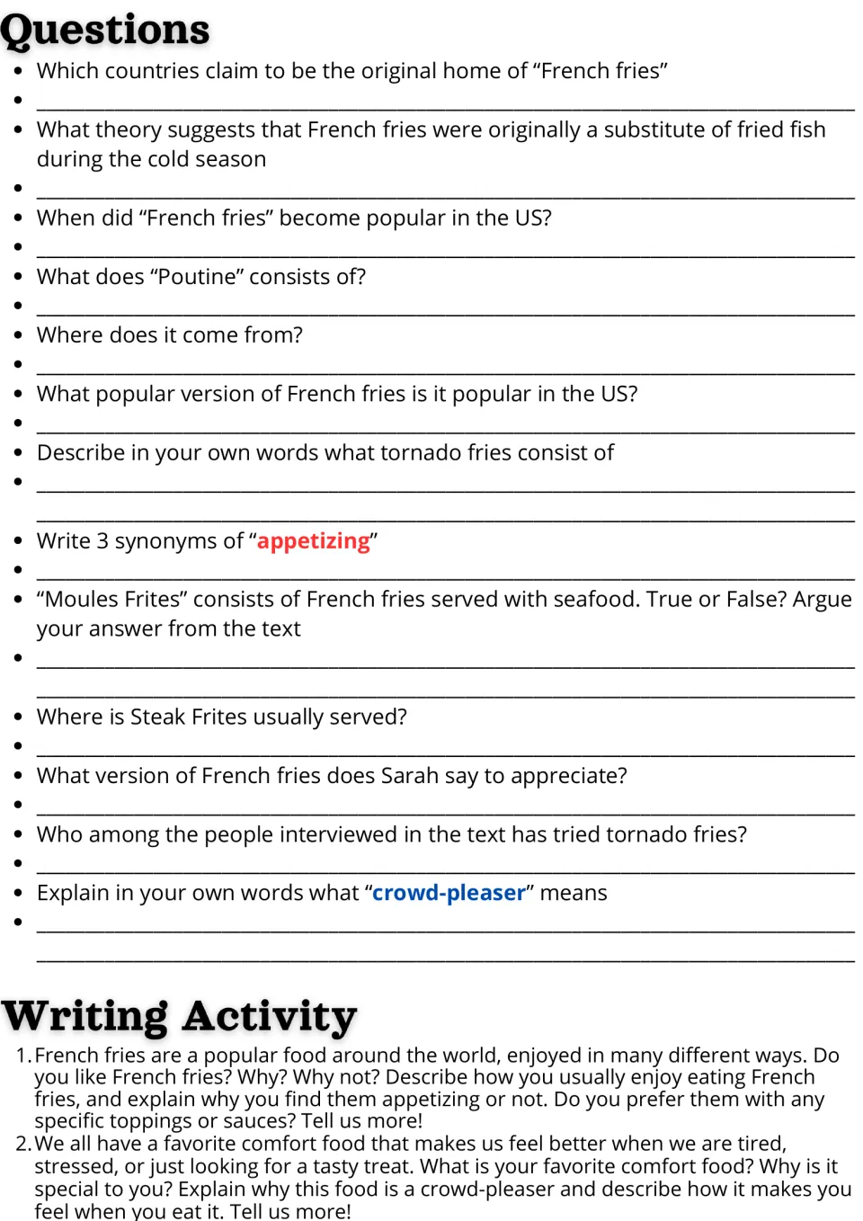 Follow-up activities for the French fries reading: 13 comprehension questions and two writing prompts.