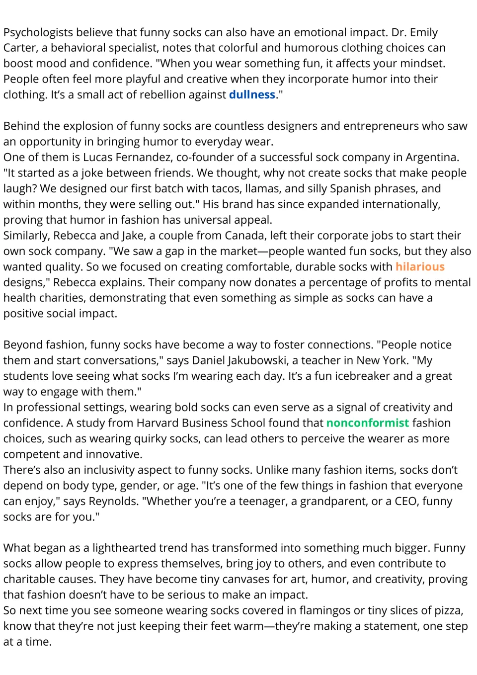 ESL reading passage, part 2: funny socks, mood, sock businesses, social connections, and inclusive fashion.