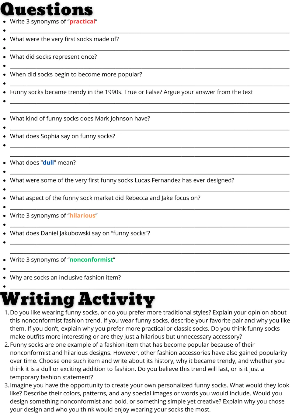 Funny socks follow-up: 14 comprehension and vocabulary questions plus three prompts on opinions and design.