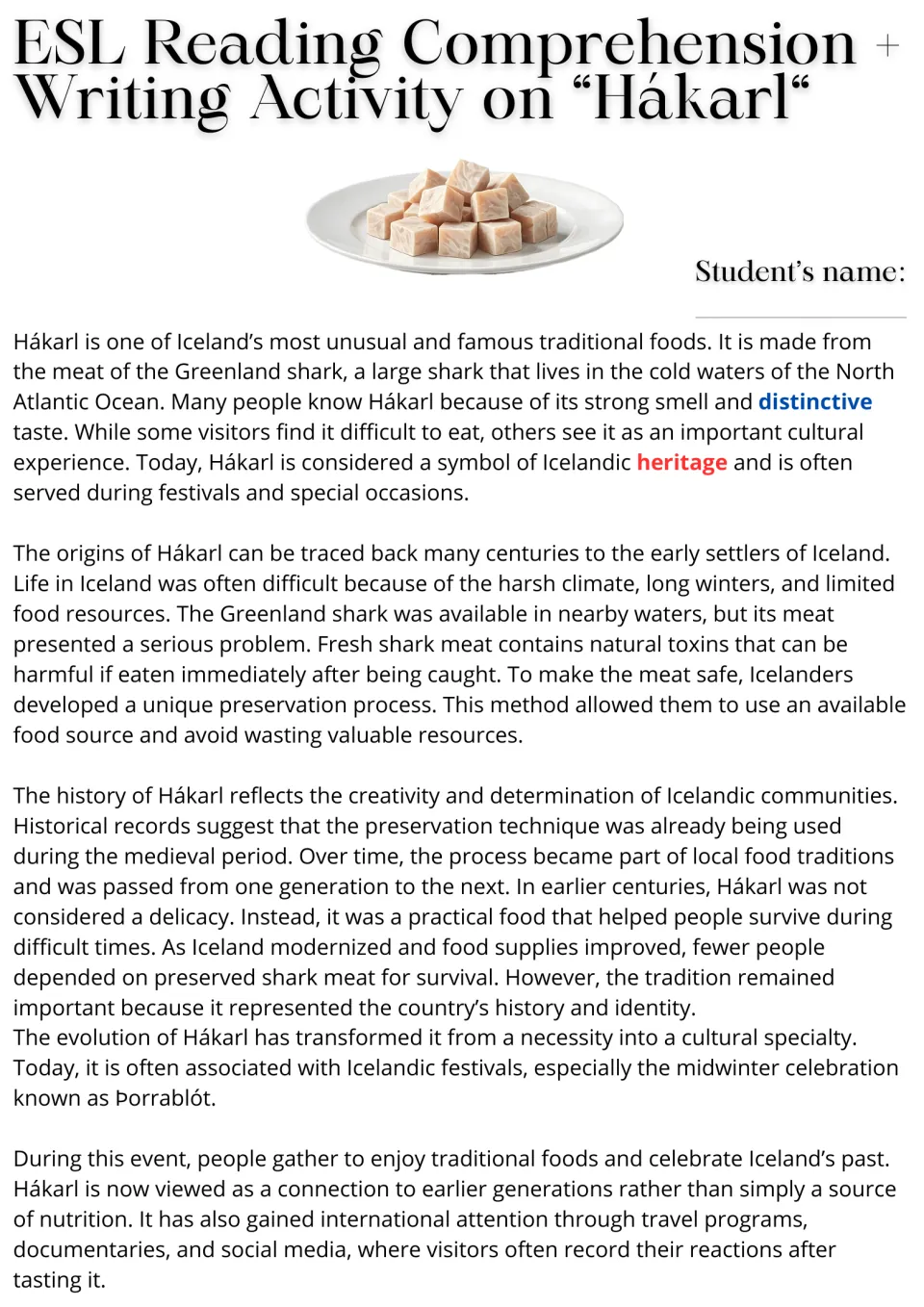 Hákarl reading passage, part 1: history of Iceland's Greenland shark dish, with heritage and distinctive highlighted