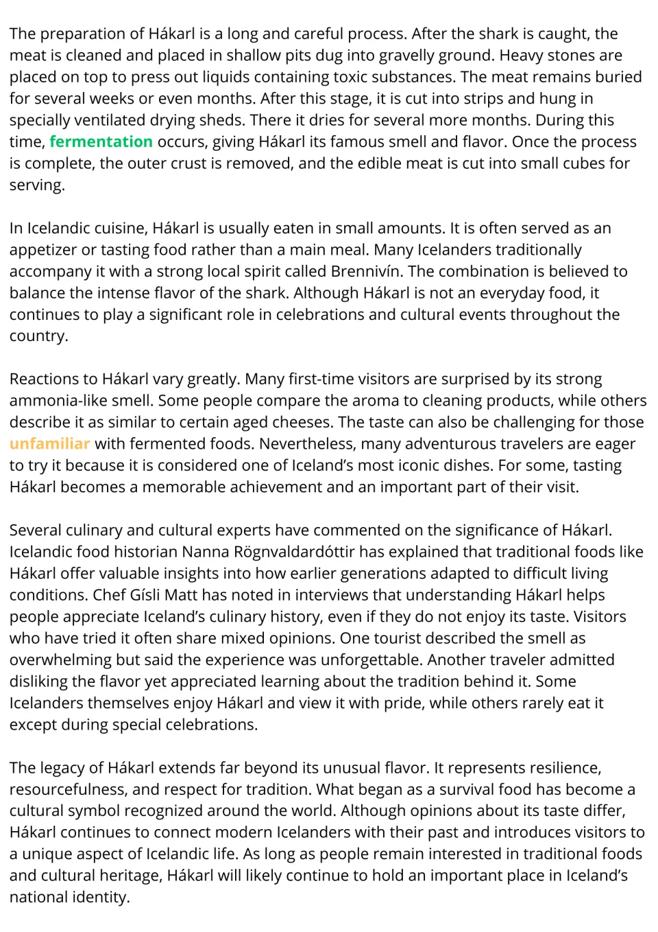 Hákarl reading passage, part 2: preparation, serving with Brennivín, visitor reactions and expert views on the shark dish