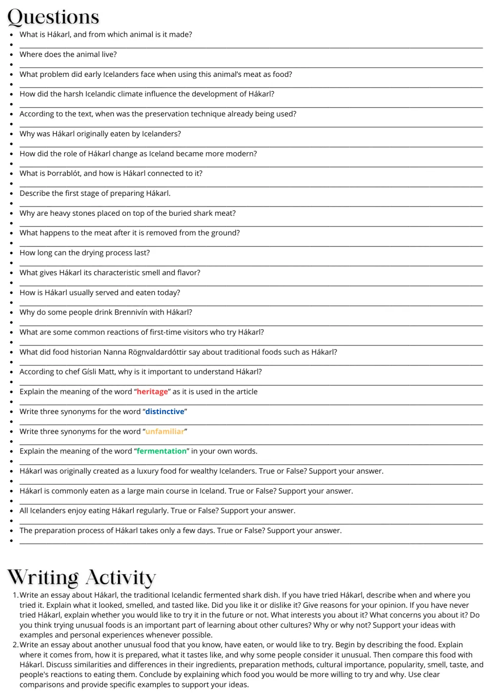 Hákarl questions: students answer 26 comprehension, vocabulary and true-or-false items, then write two food essays