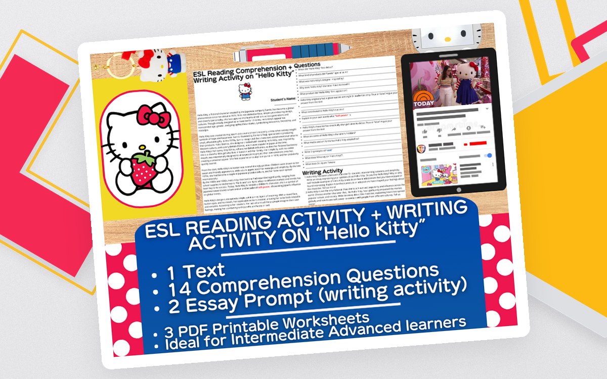 ESL Reading Comprehension + Writing Activity Worksheets - Hello Kitty preview