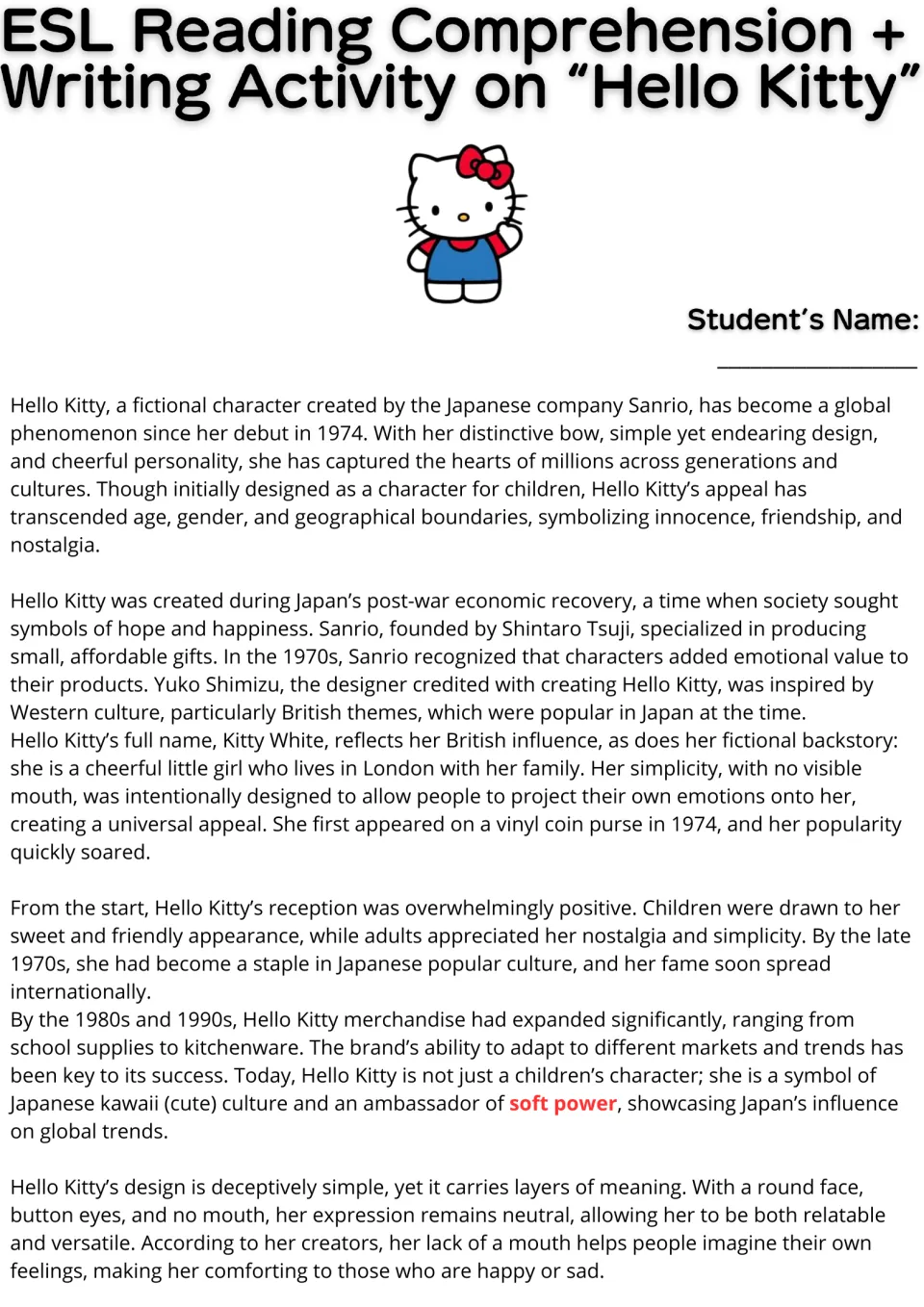 Hello Kitty reading passage, part 1: students read about Sanrio, her 1974 debut, British-inspired design and soft power
