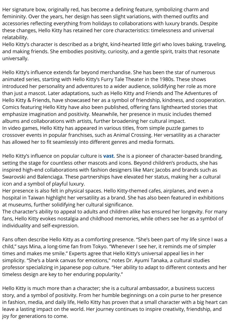 Hello Kitty passage continued: students read about her TV series, comics, games, luxury collaborations and fan quotes