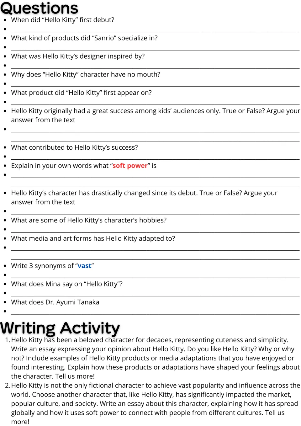 Hello Kitty questions: students answer 14 comprehension items, give synonyms for vast, then write one of two essays