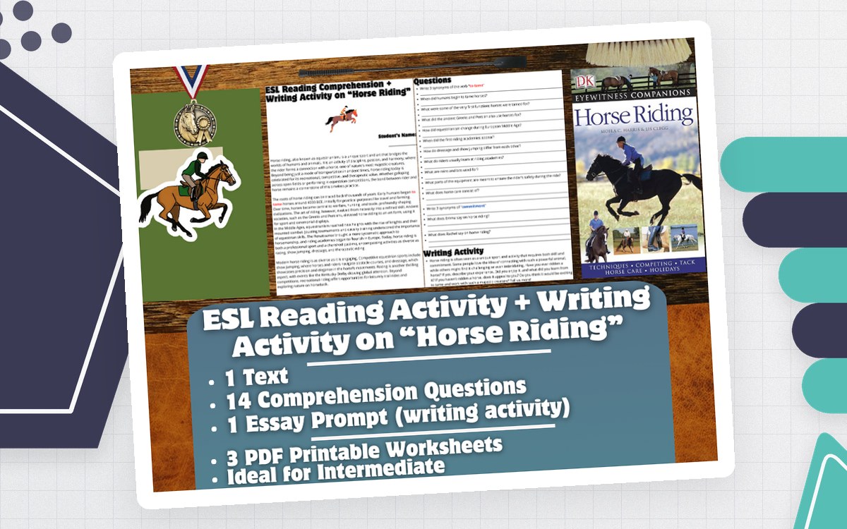 ESL Reading Comprehension + Writing Activity Worksheets - Horse Riding teaching resource preview