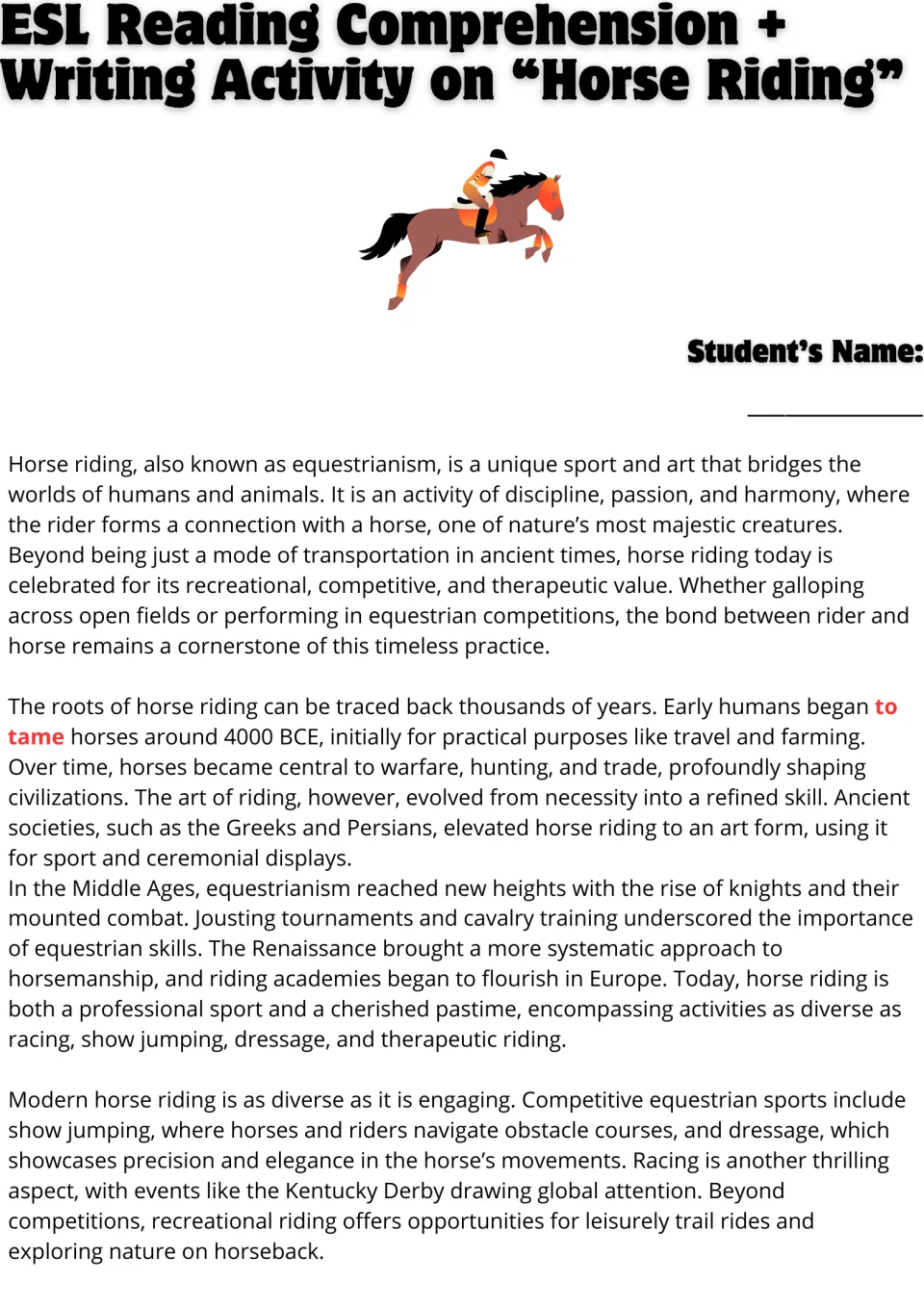 Horse riding reading passage, part 1: students read equestrian history from taming in 4000 BCE to modern dressage