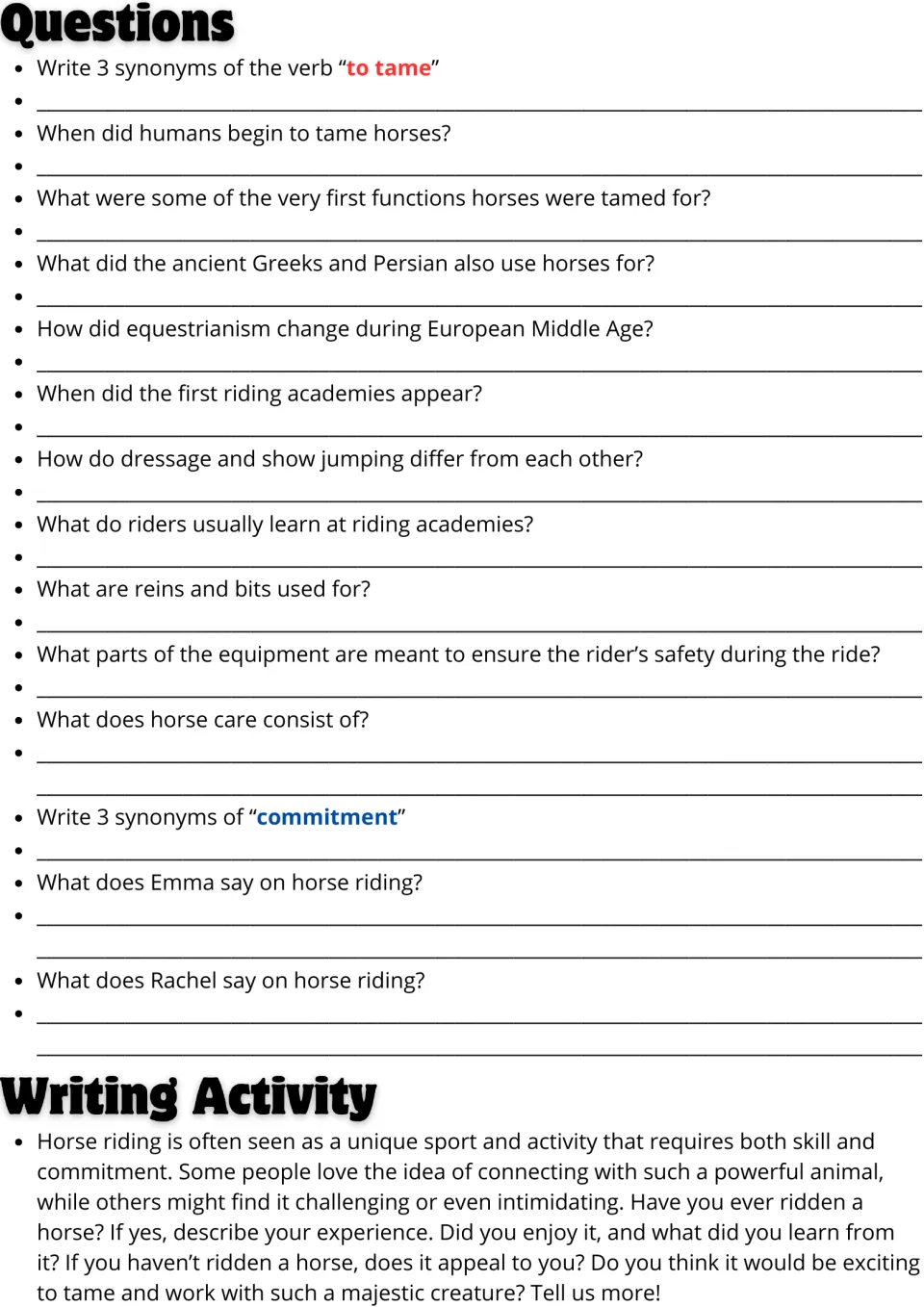 Horse riding questions: students answer 14 comprehension items, give synonyms and write about riding a horse