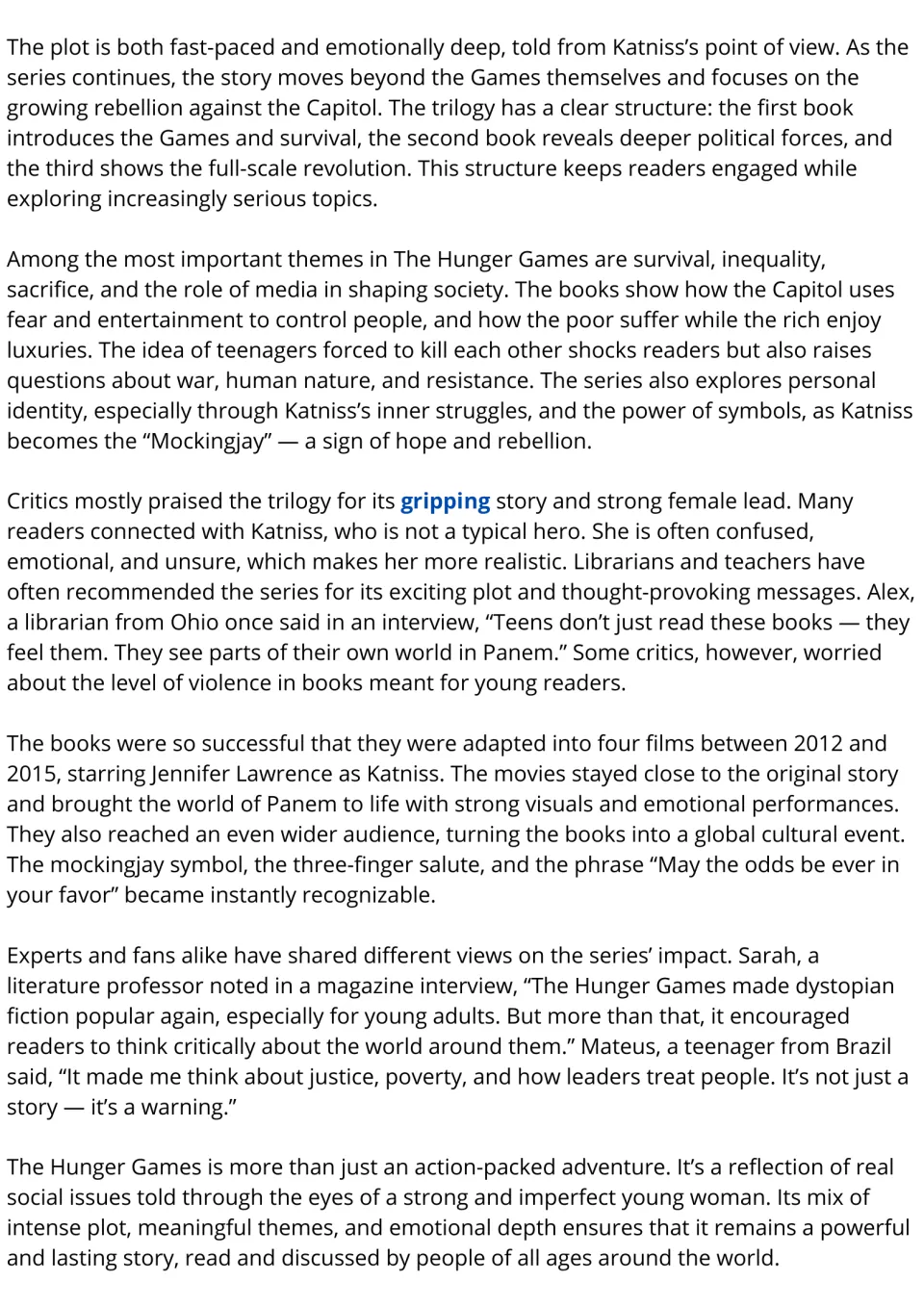 Hunger Games reading passage, part 2: themes, critics' praise, the film adaptations and quotes from Alex, Sarah and Mateus
