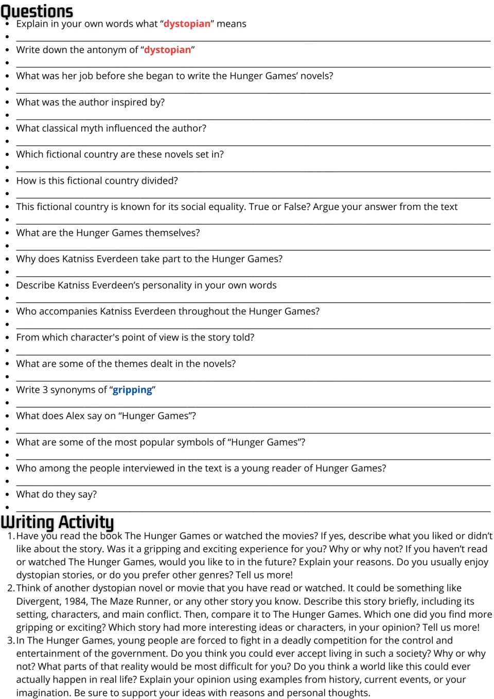 Hunger Games questions: students answer 19 comprehension and vocabulary items, then respond to 3 dystopian writing prompts