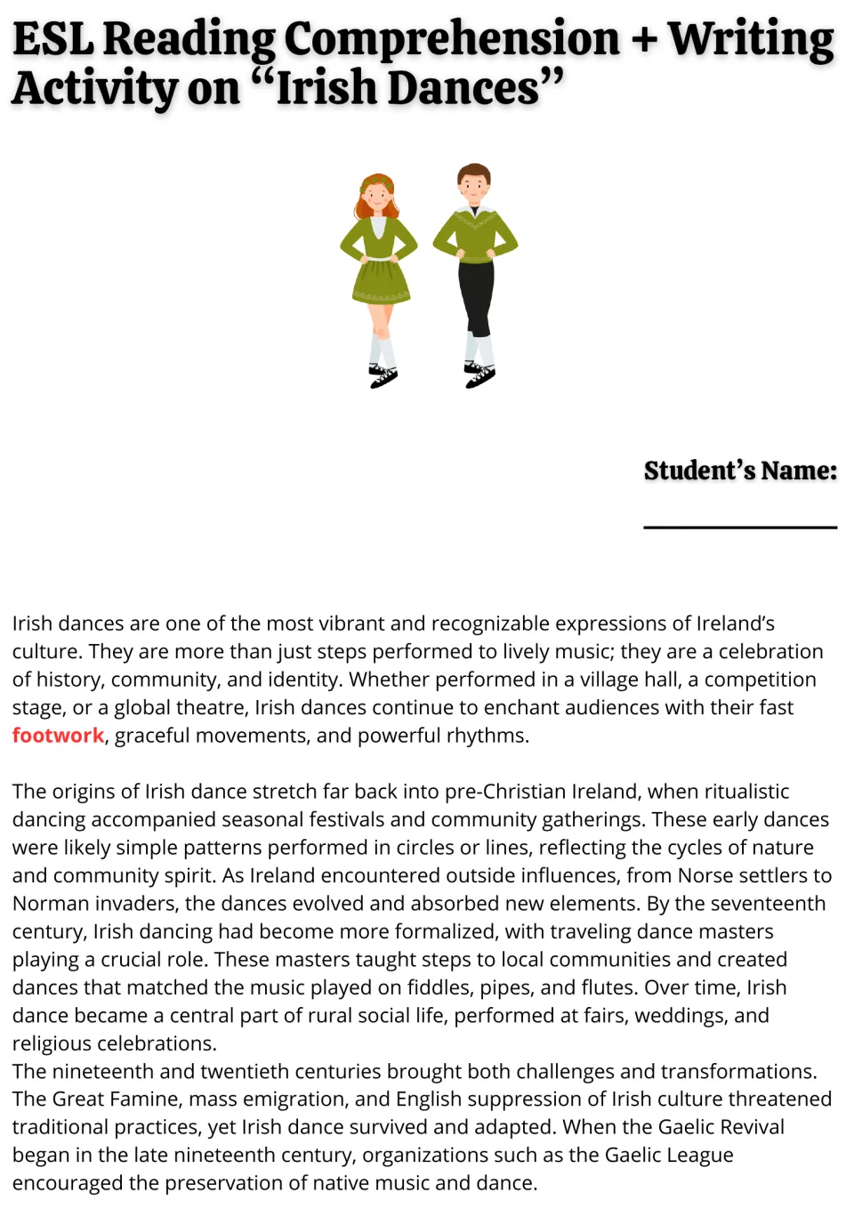 Irish dance reading passage, part 1: cultural importance, early origins, dance masters, and the Gaelic Revival.
